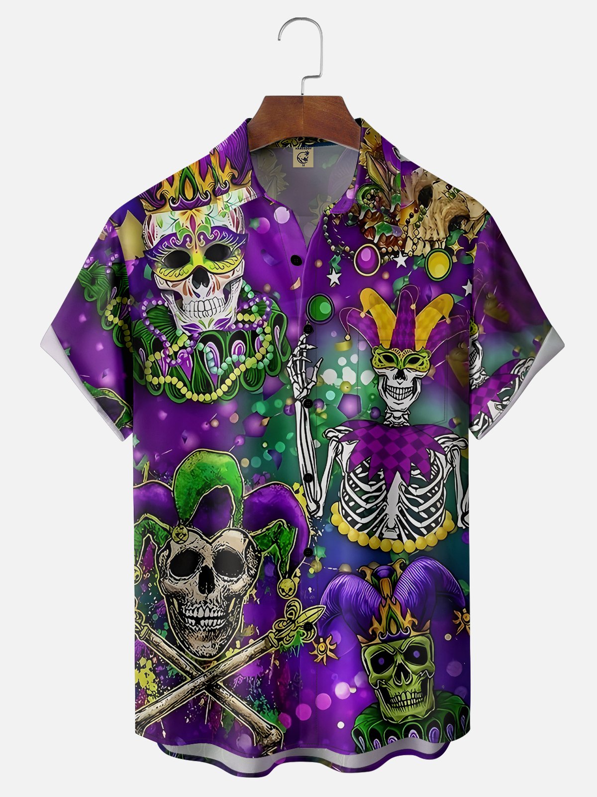 Moisture-wicking Mardi Gras Skull Mask Purple Chest Pocket Casual Shirt