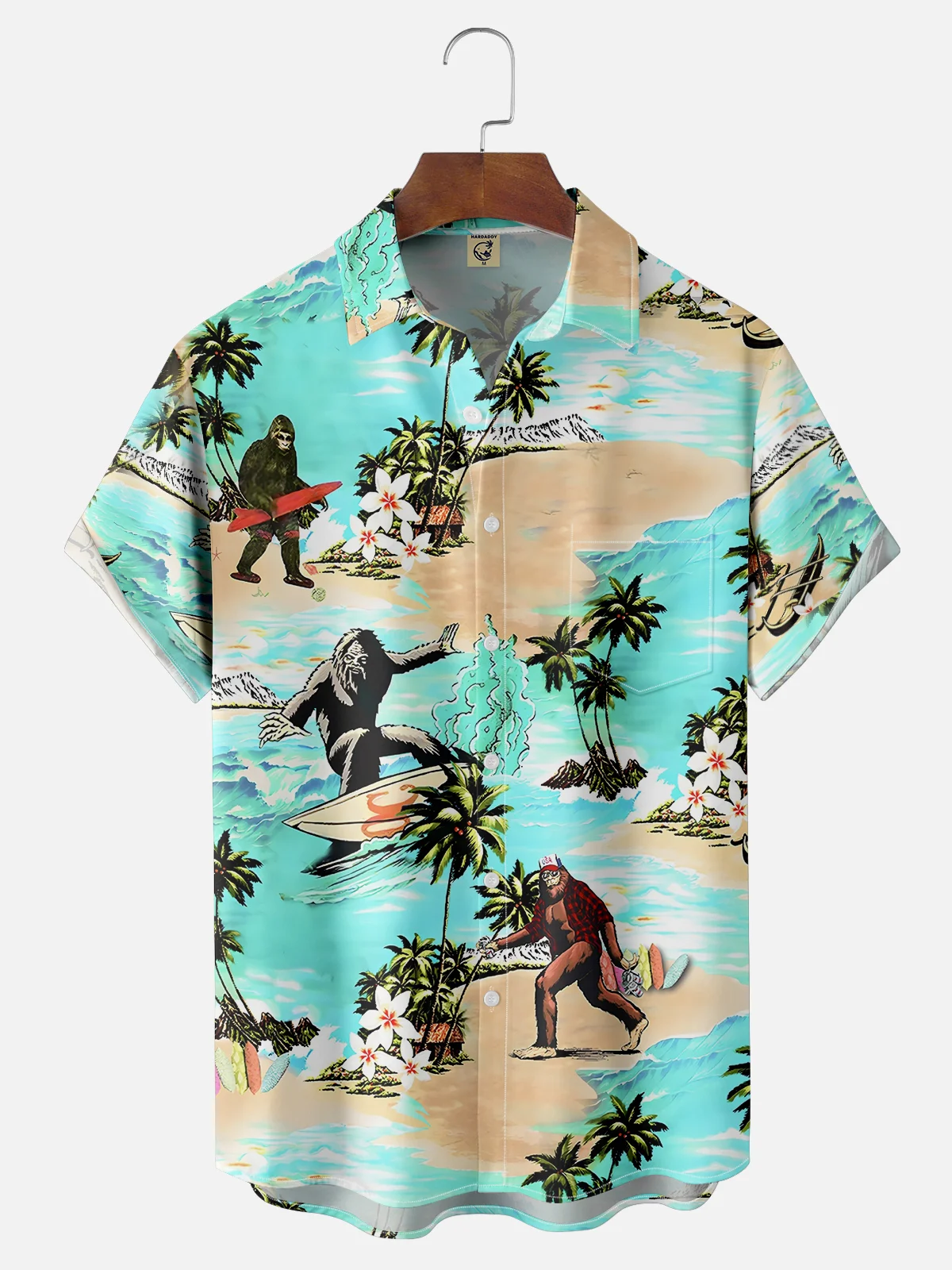 Moisture-wicking Bigfoot Surf Blue Chest Pocket Hawaiian Shirt