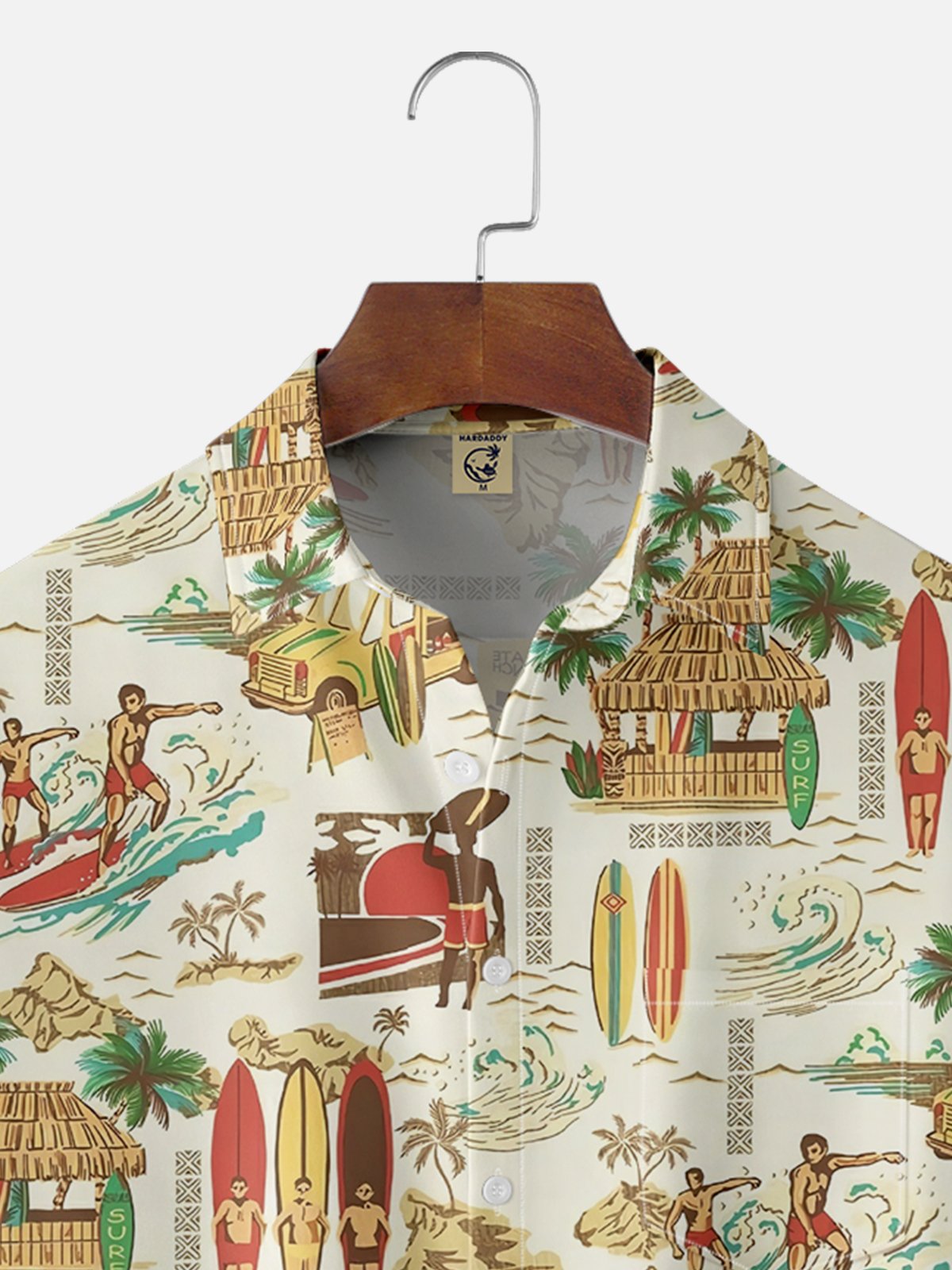 Moisture-wicking Vintage Art Surf Art Chest Pocket Hawaiian Shirt