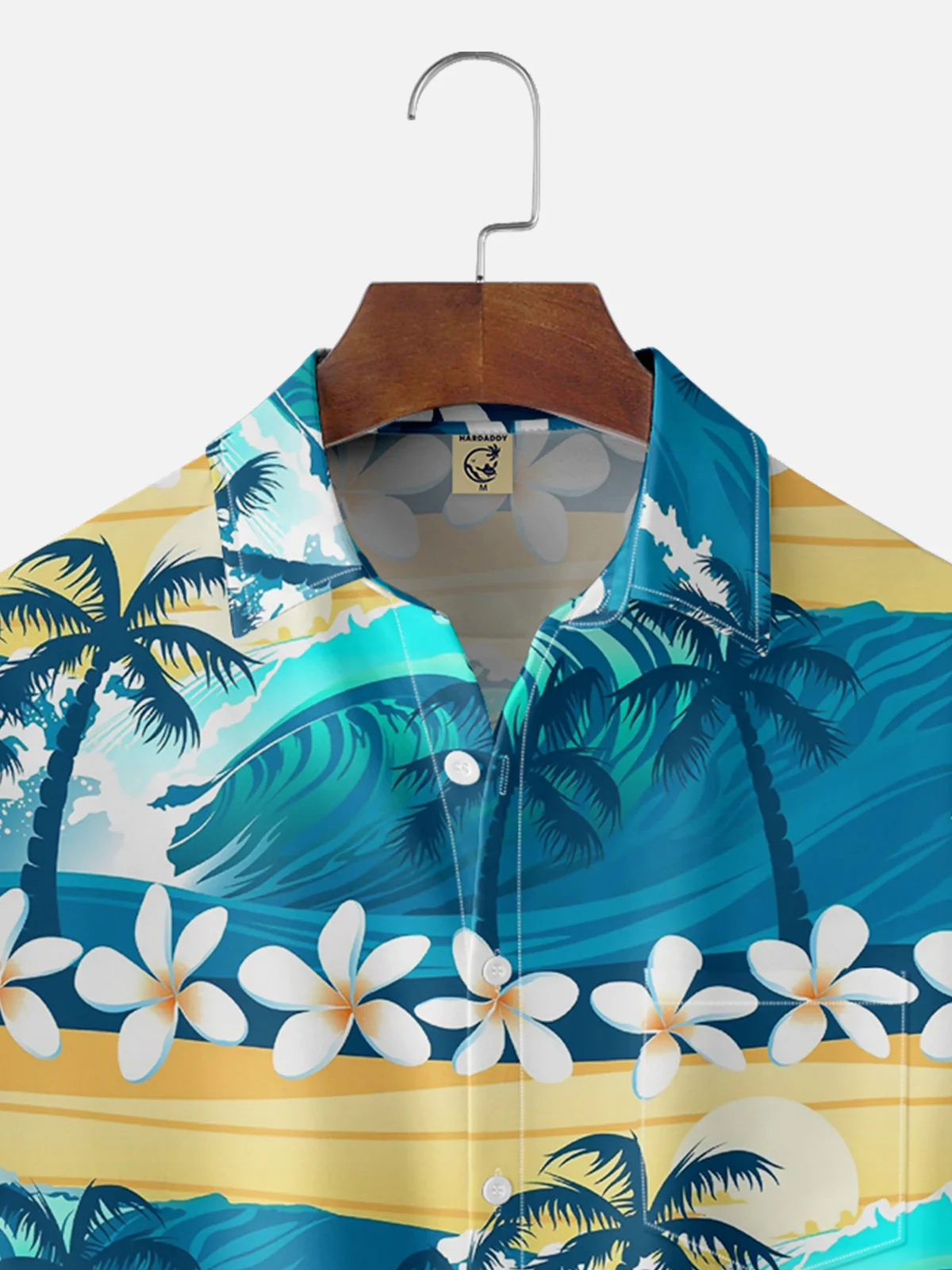 Moisture-wicking Coconut Tree Sea Wave Flowers Chest Pocket Hawaiian Shirt