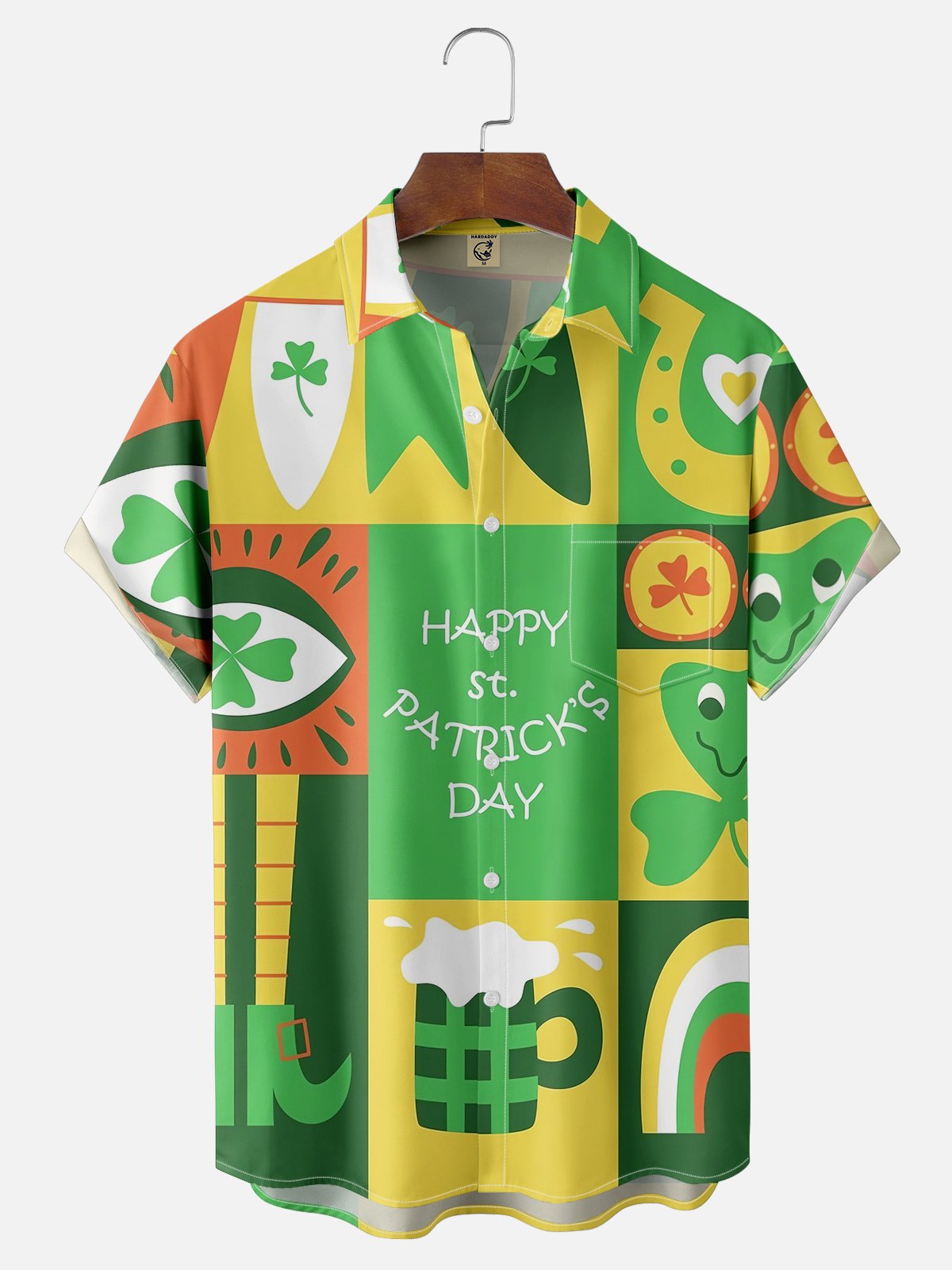 Moisture-wicking Happy St. Patrick's Day Irish Green Chest Pocket Hawaiian Shirt