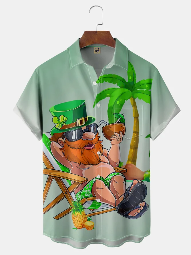 Tall Size Moisture-wicking St Patrick‘s Day Gnome Chest Pocket Hawaiian Shirt