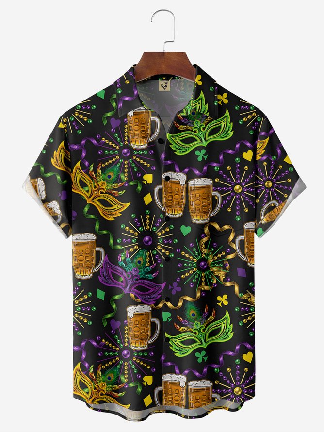 Tall Size Moisture-wicking Mardi Gras Mask Chest Pocket Casual Shirt