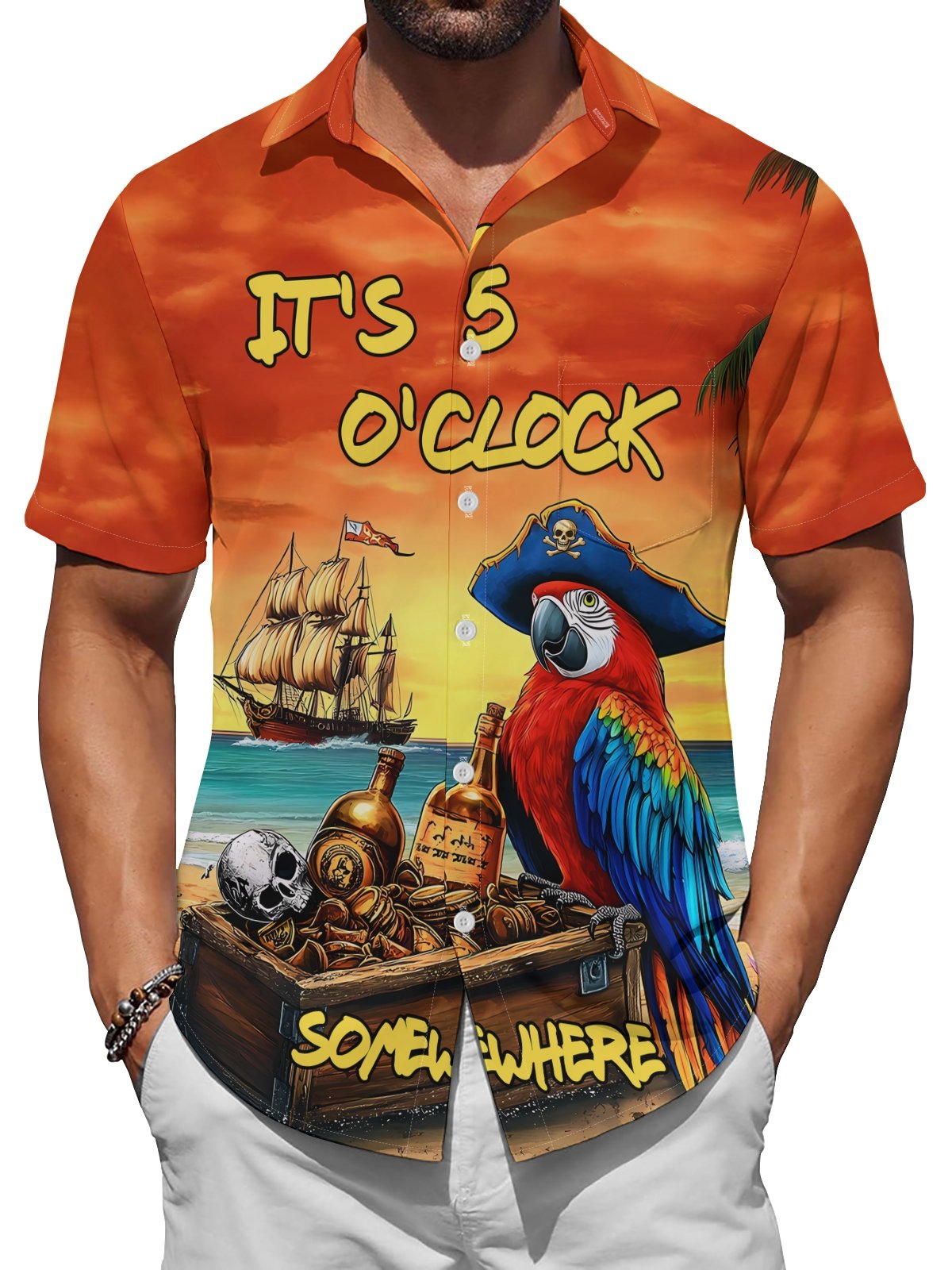 Moisture Wicking 5 O'Clock Hawaiian Parrot Chest Pocket Casual Shirt