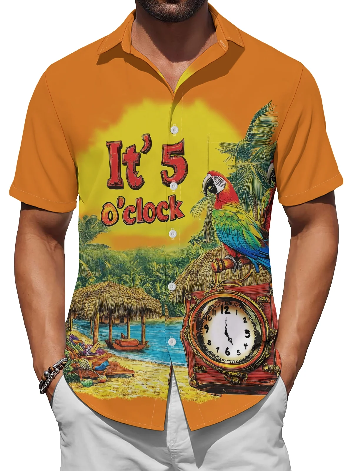 Moisture Wicking 5 O'Clock Hawaiian Parrot Chest Pocket Casual Shirt