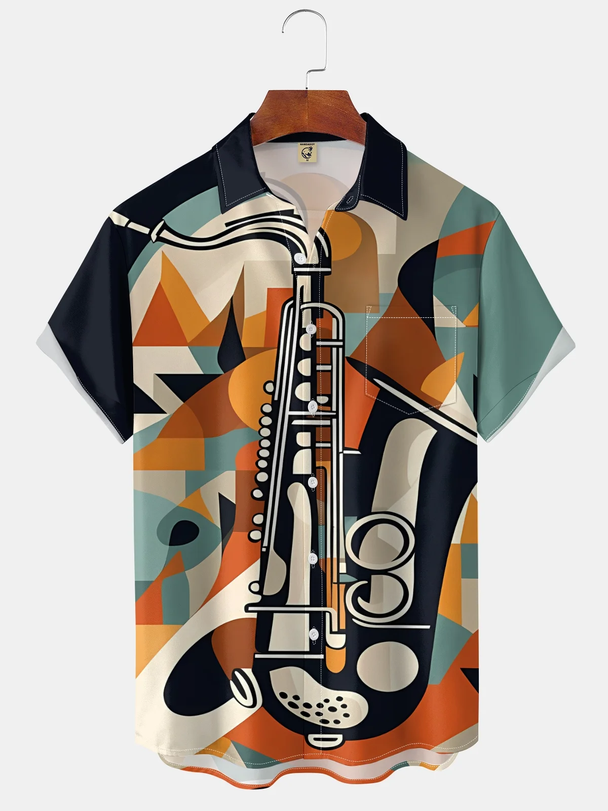 Moisture Wicking Geometric Abstract Saxophone Chest Pocket Casual Shirt