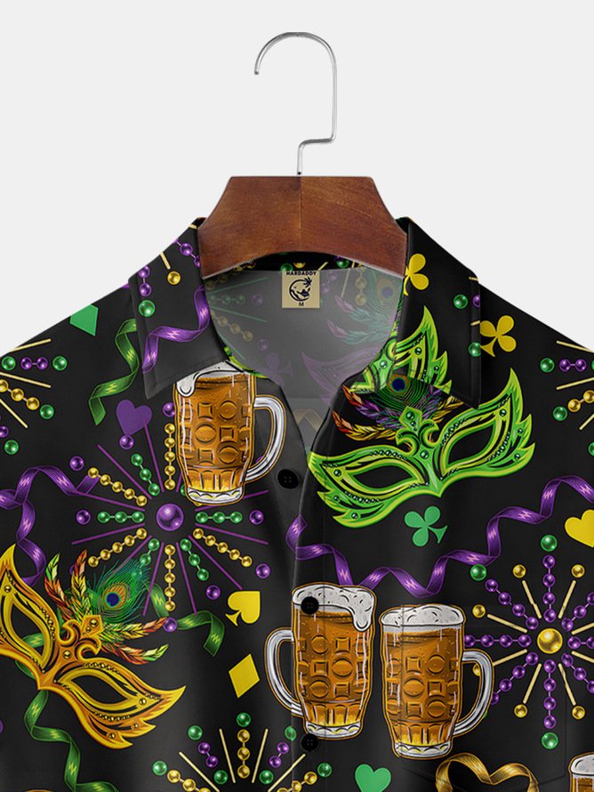 Tall Size Moisture-wicking Mardi Gras Mask Chest Pocket Casual Shirt