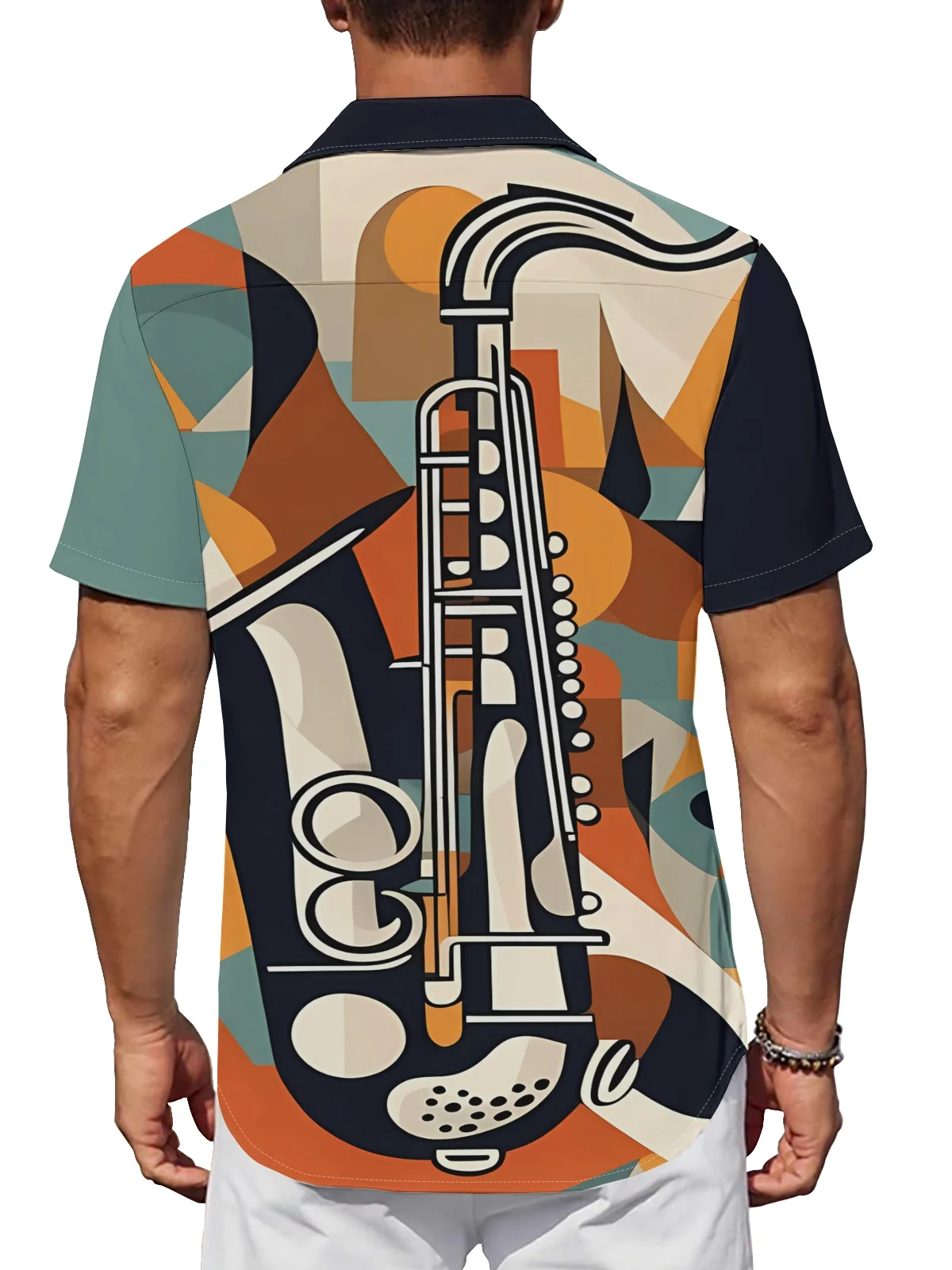 Moisture Wicking Geometric Abstract Saxophone Chest Pocket Casual Shirt