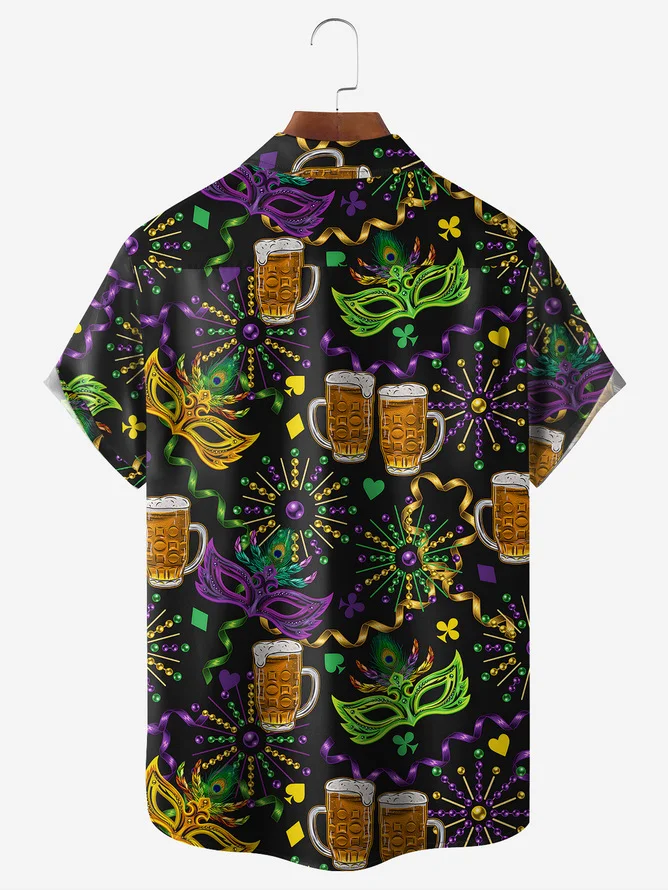 Tall Size Moisture-wicking Mardi Gras Mask Chest Pocket Casual Shirt