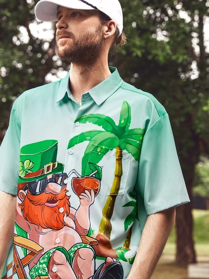 Tall Size Moisture-wicking St Patrick‘s Day Gnome Chest Pocket Hawaiian Shirt