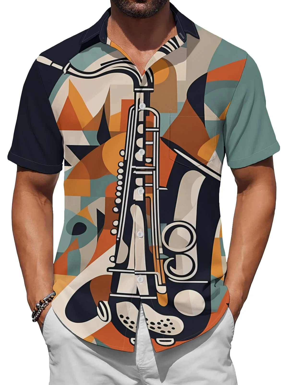 Moisture Wicking Geometric Abstract Saxophone Chest Pocket Casual Shirt