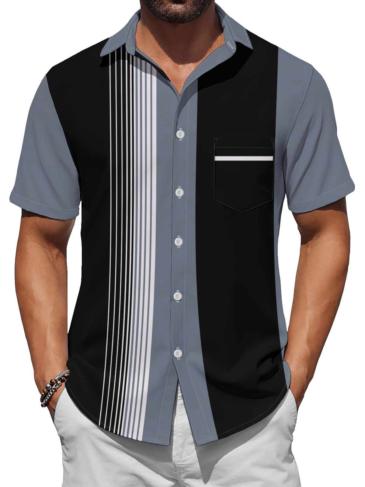 Moisture wicking Geometric Stripes Contrast color Chest Pocket Casual Shirts