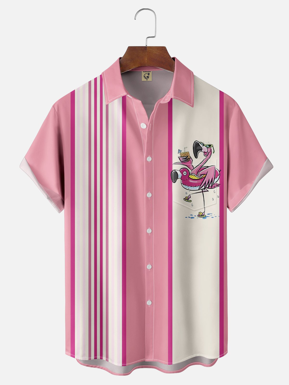 Tall Size Moisture-wicking Flamingo Vacation Pink Chest Pocket Bowling Shirt