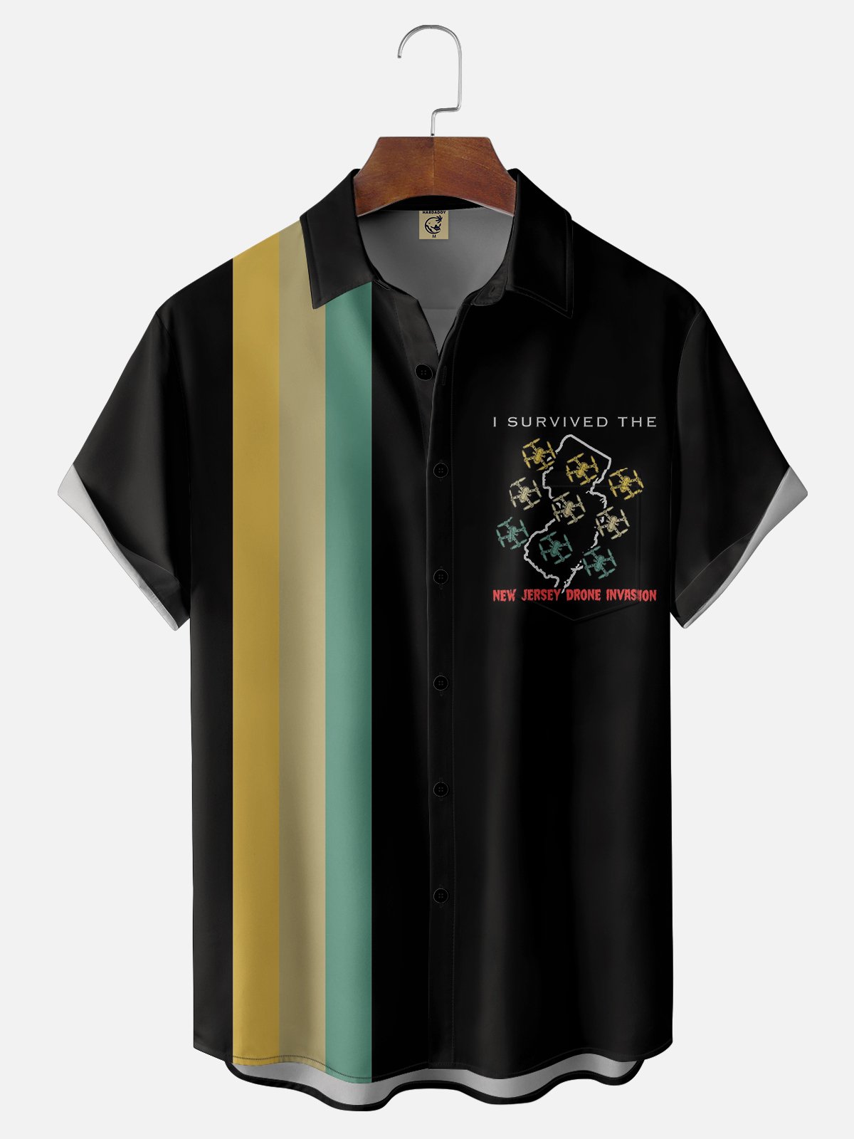 Moisture-wicking I Survived The New Jersey Drone Invasion Chest Pocket Bowling Shirt