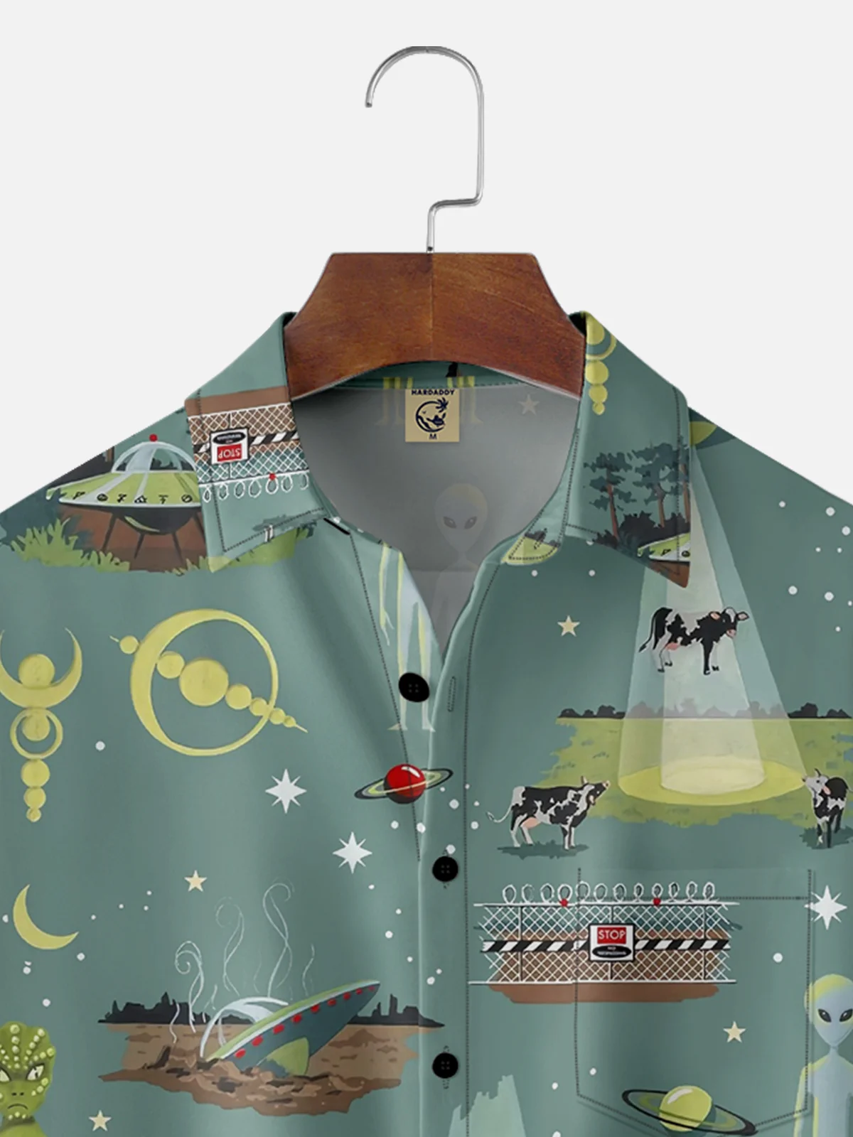 Moisture-wicking Alien Spaceship Cow Chest Pocket Casual Shirt