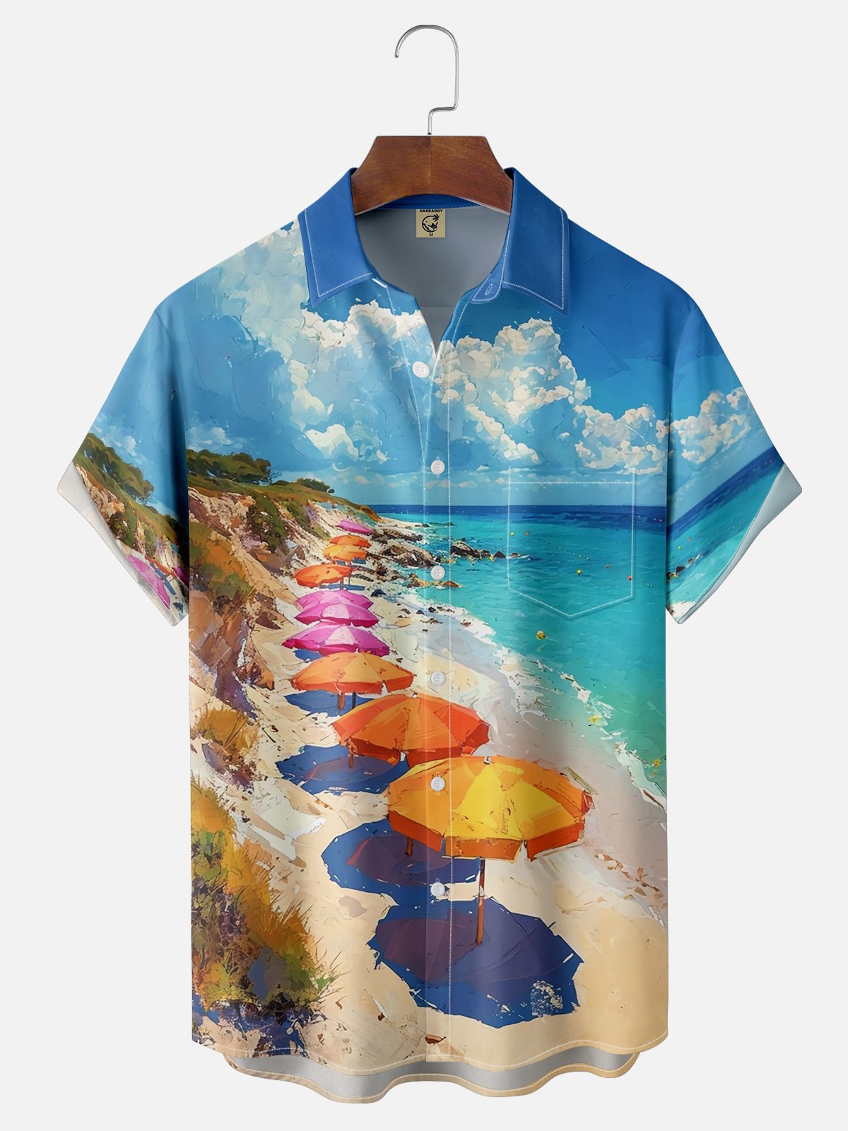 Moisture-wicking Beach Oil Painting Parasol Chest Pocket Hawaiian Shirt