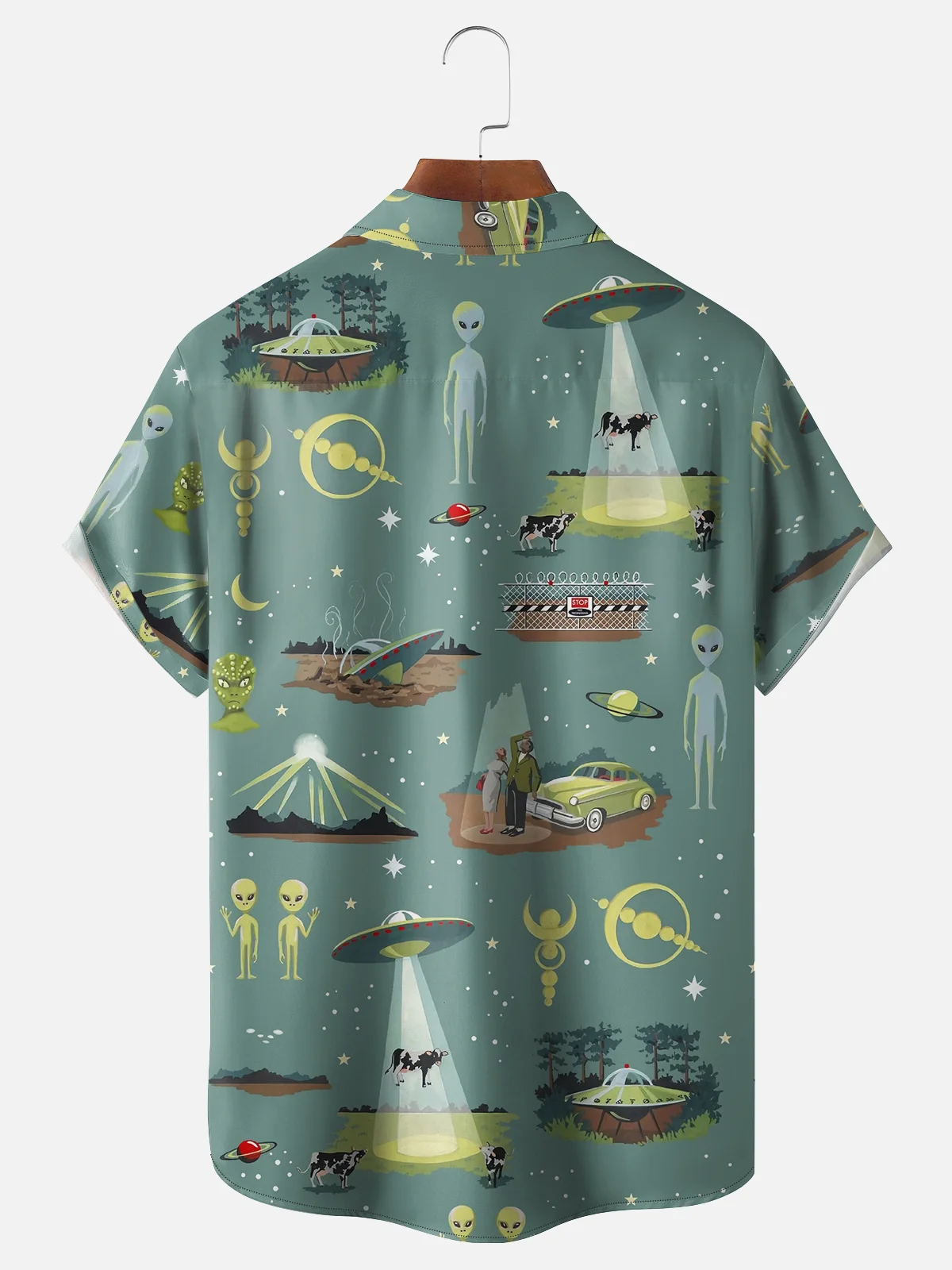 Moisture-wicking Alien Spaceship Cow Chest Pocket Casual Shirt