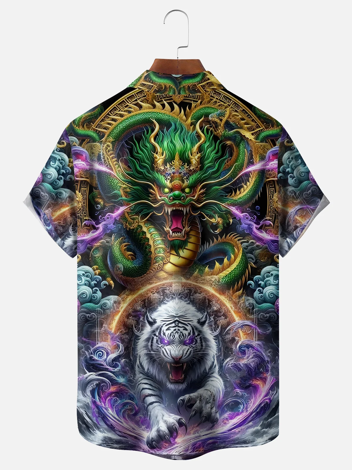 Moisture-wicking Japanese Dragon Tiger Waves Chest Pocket Casual Shirt