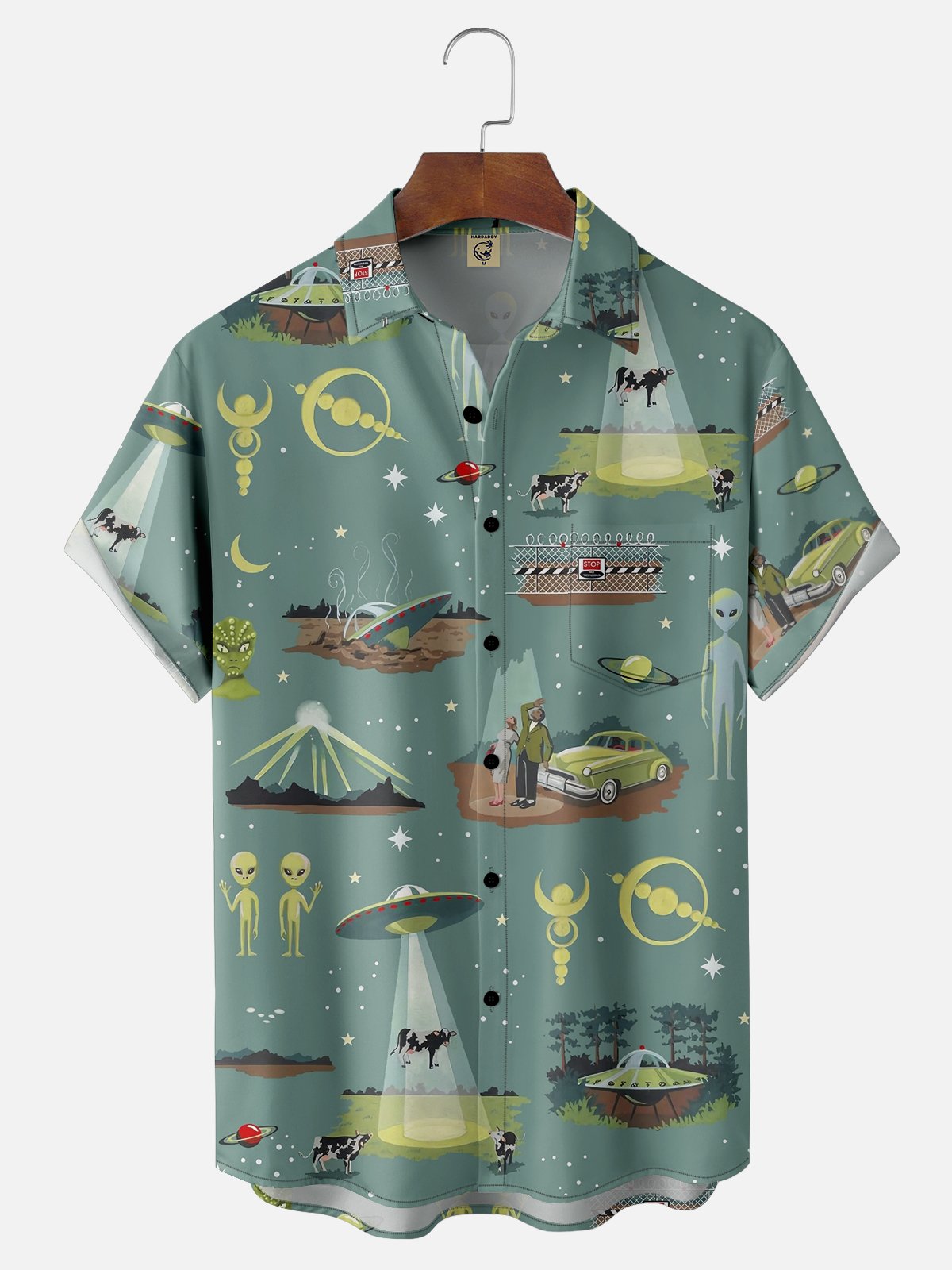 Moisture-wicking Alien Spaceship Cow Chest Pocket Casual Shirt