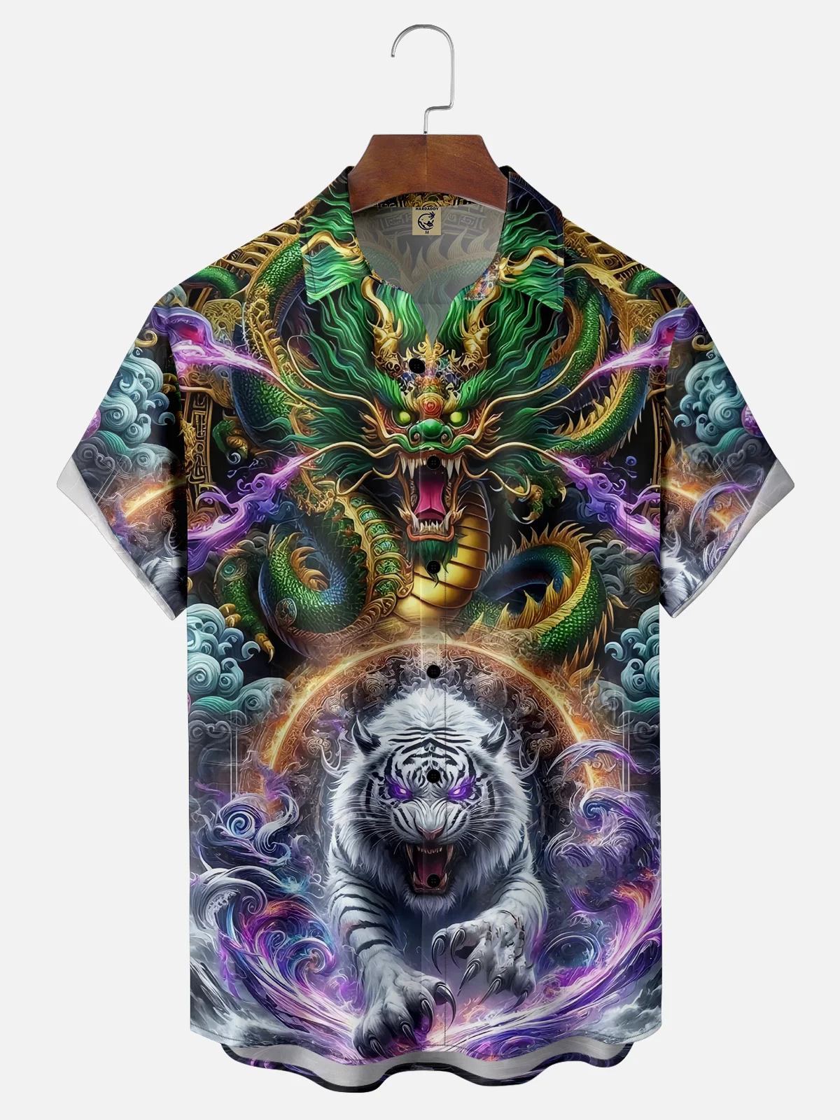 Moisture-wicking Japanese Dragon Tiger Waves Chest Pocket Casual Shirt