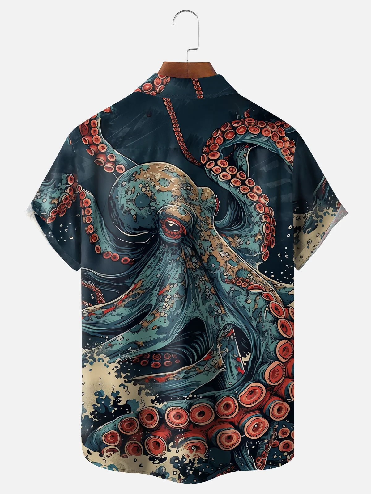 Moisture-wicking Marine Life Octopus Waves Chest Pocket Casual Shirt