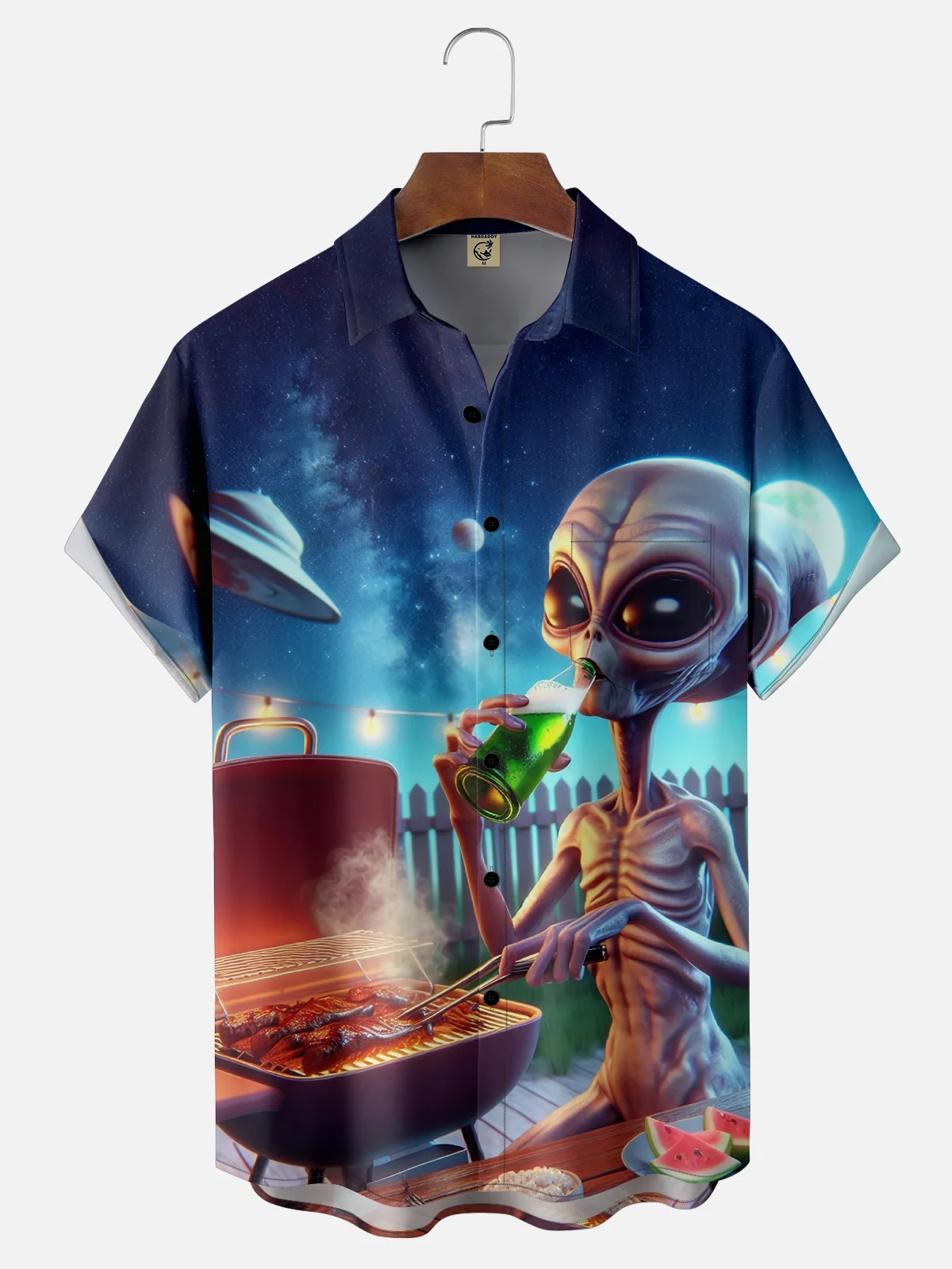 Moisture-wicking Spaceship Alien Barbecue Soda Chest Pocket Casual Shirt