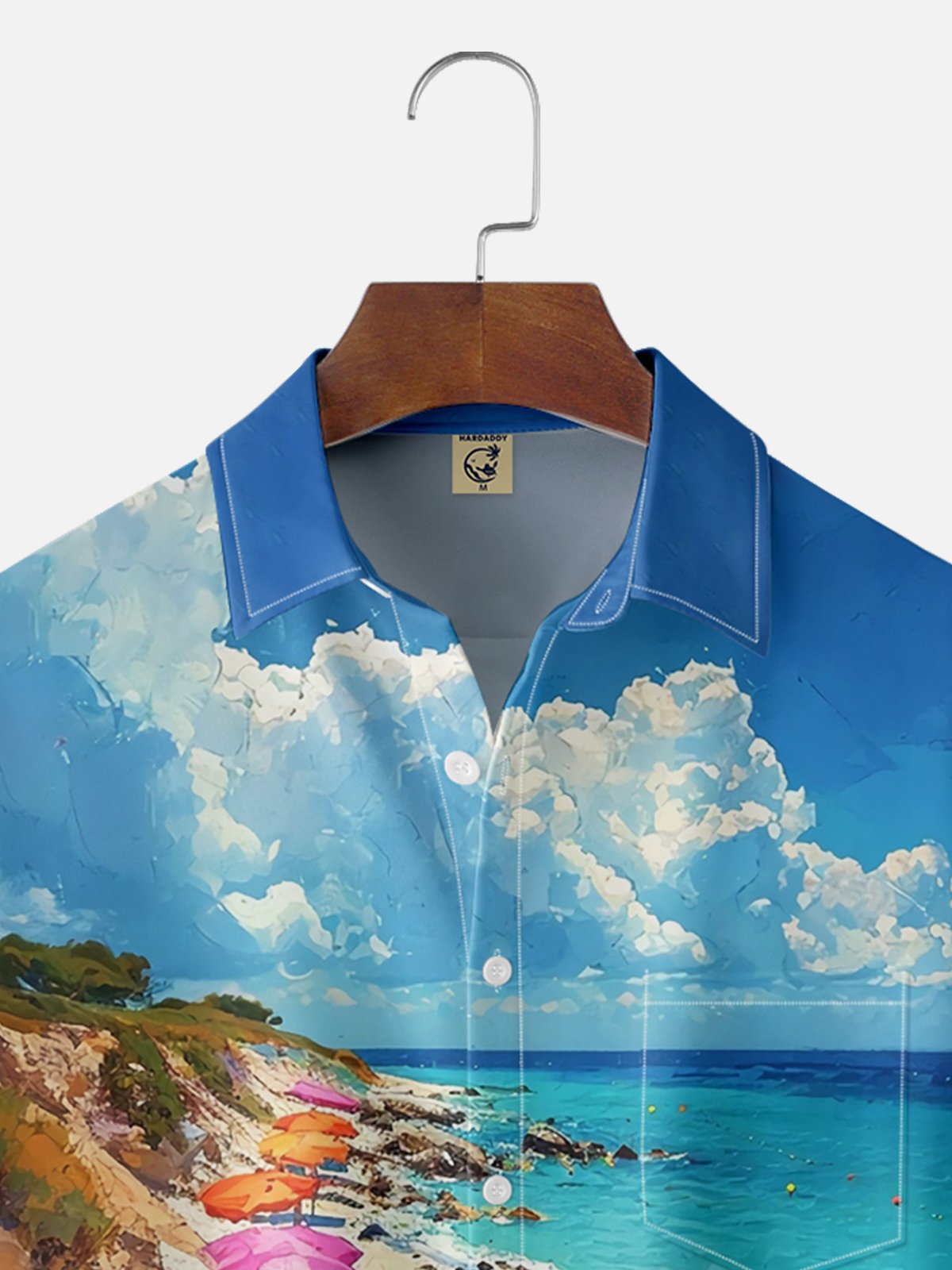 Moisture-wicking Beach Oil Painting Parasol Chest Pocket Hawaiian Shirt