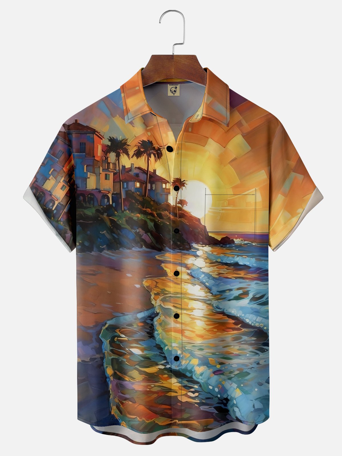 Moisture-wicking Beach Sunset Oil Painting Chest Pocket Hawaiian Shirt