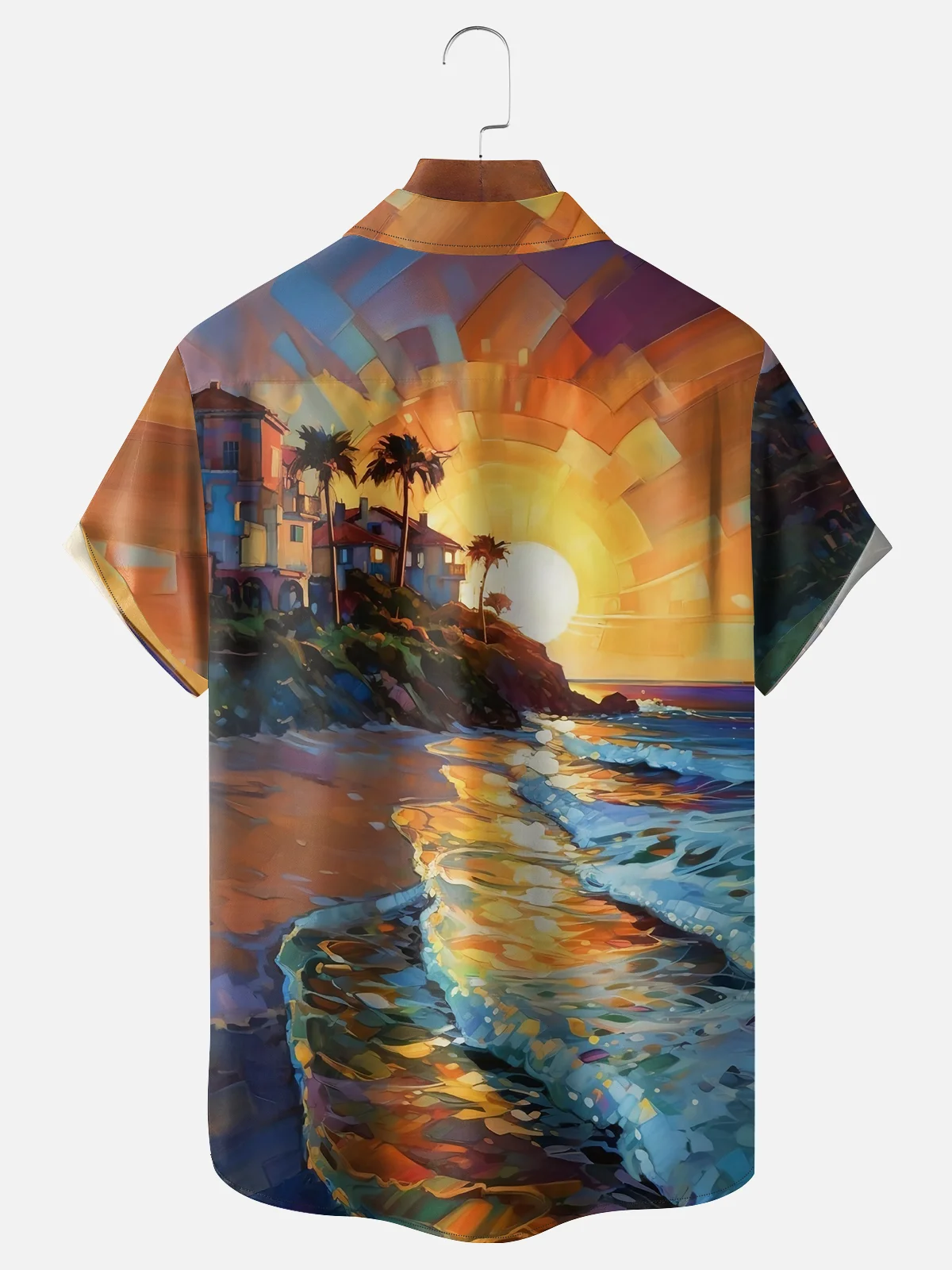 Moisture-wicking Beach Sunset Oil Painting Chest Pocket Hawaiian Shirt