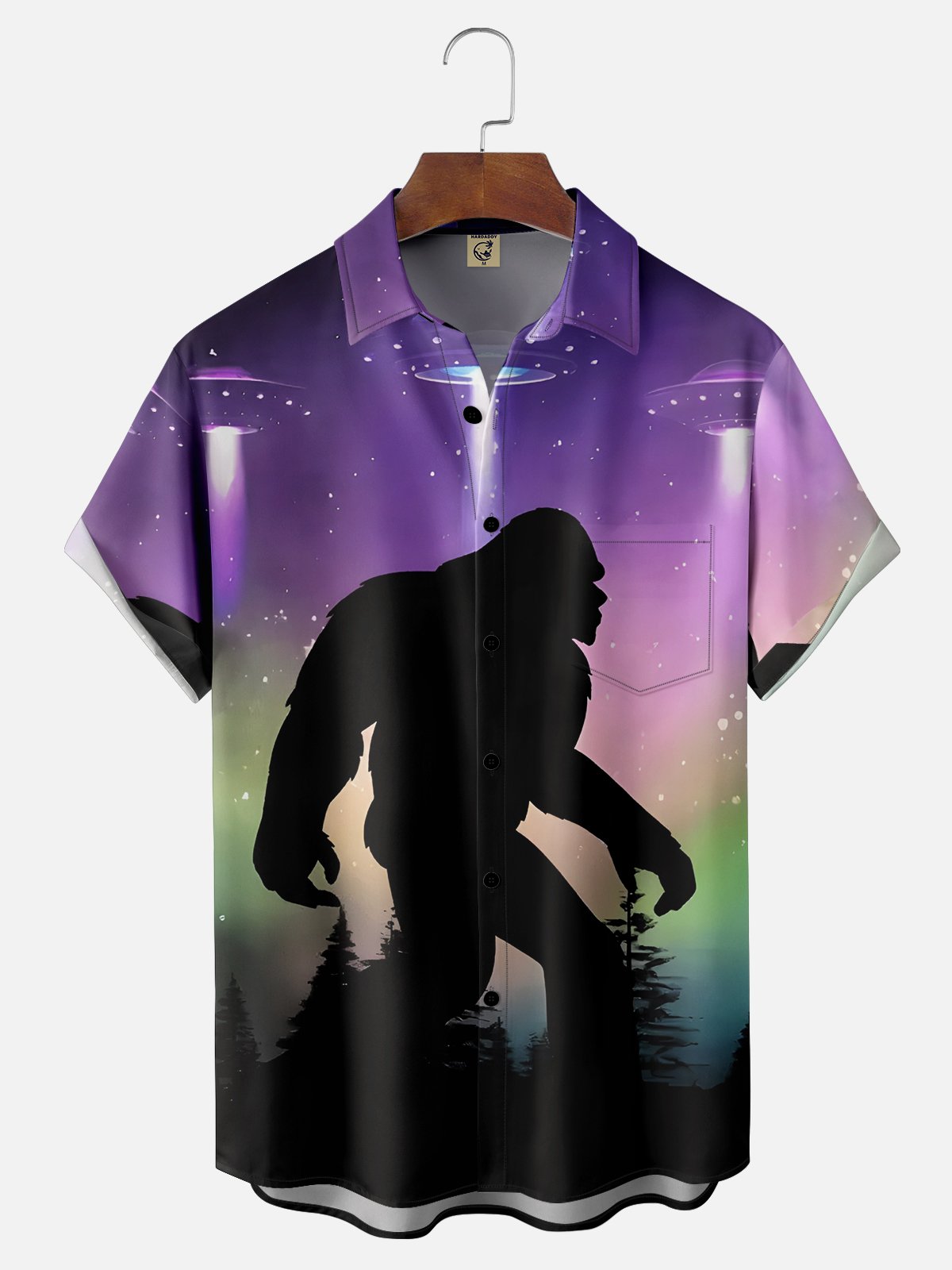 Moisture Wicking Alien UFO Spaceship Bigfoot Chest Pocket Hawaiian Shirt