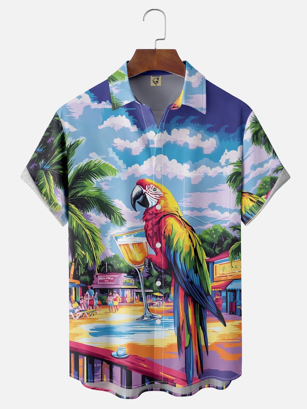 Moisture Wicking Hawaiian Wineglass Parrot Chest Pocket Hawaiian Shirt