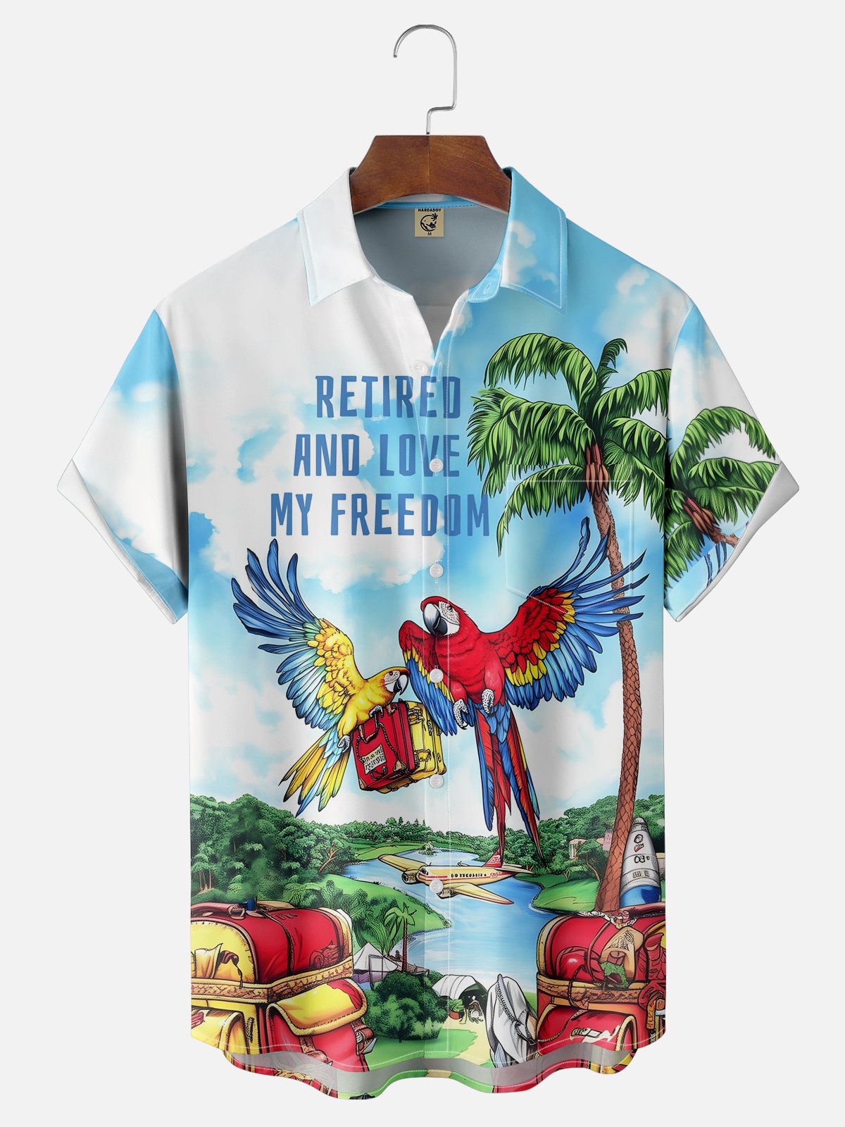 Moisture-wicking Palm Tree Parrots Retired Love Freedom Chest Pocket Hawaiian Shirt