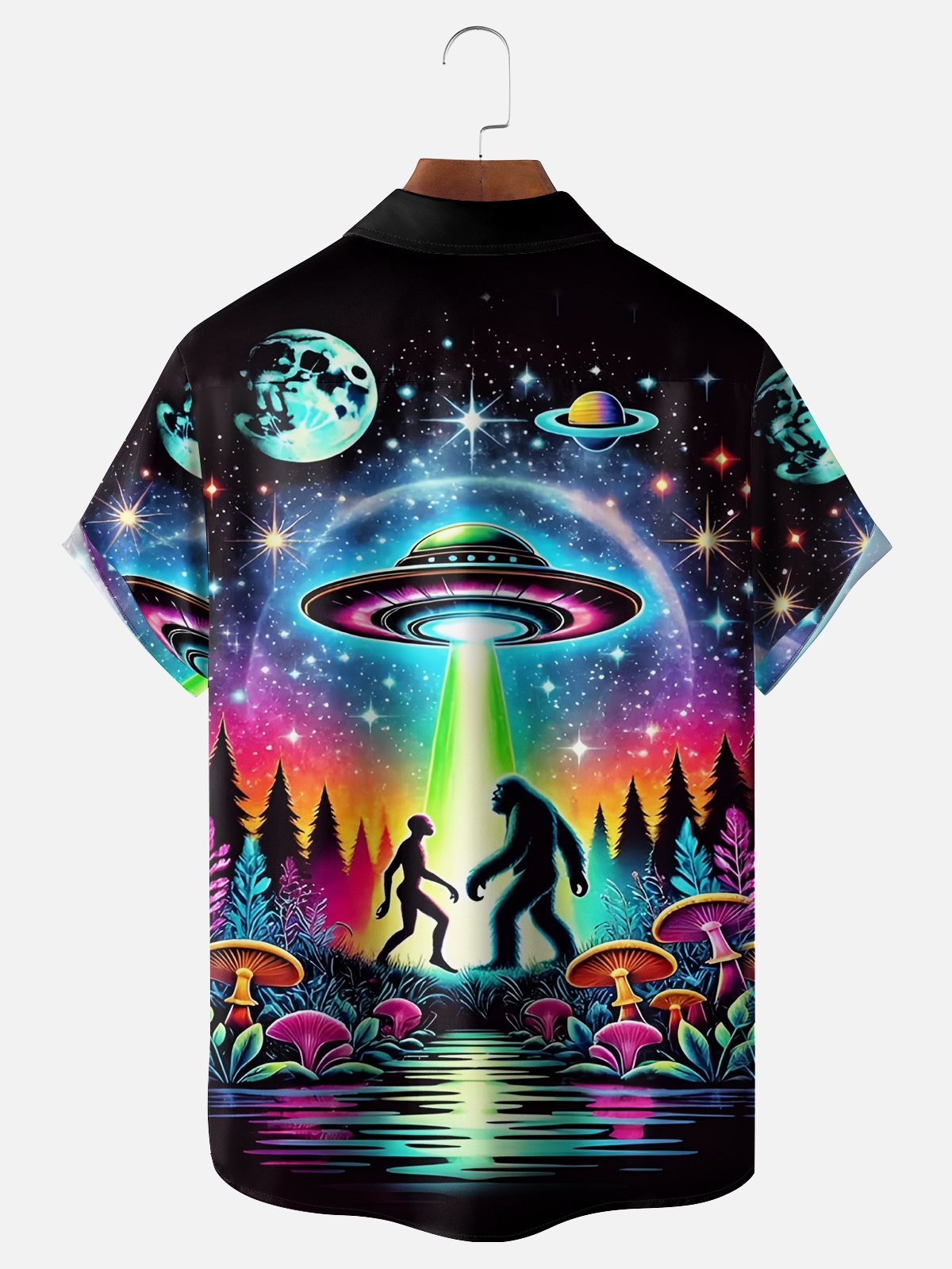 Moisture Wicking Spaceship UFO Alien Bigfoot Chest Pocket Casual Shirt