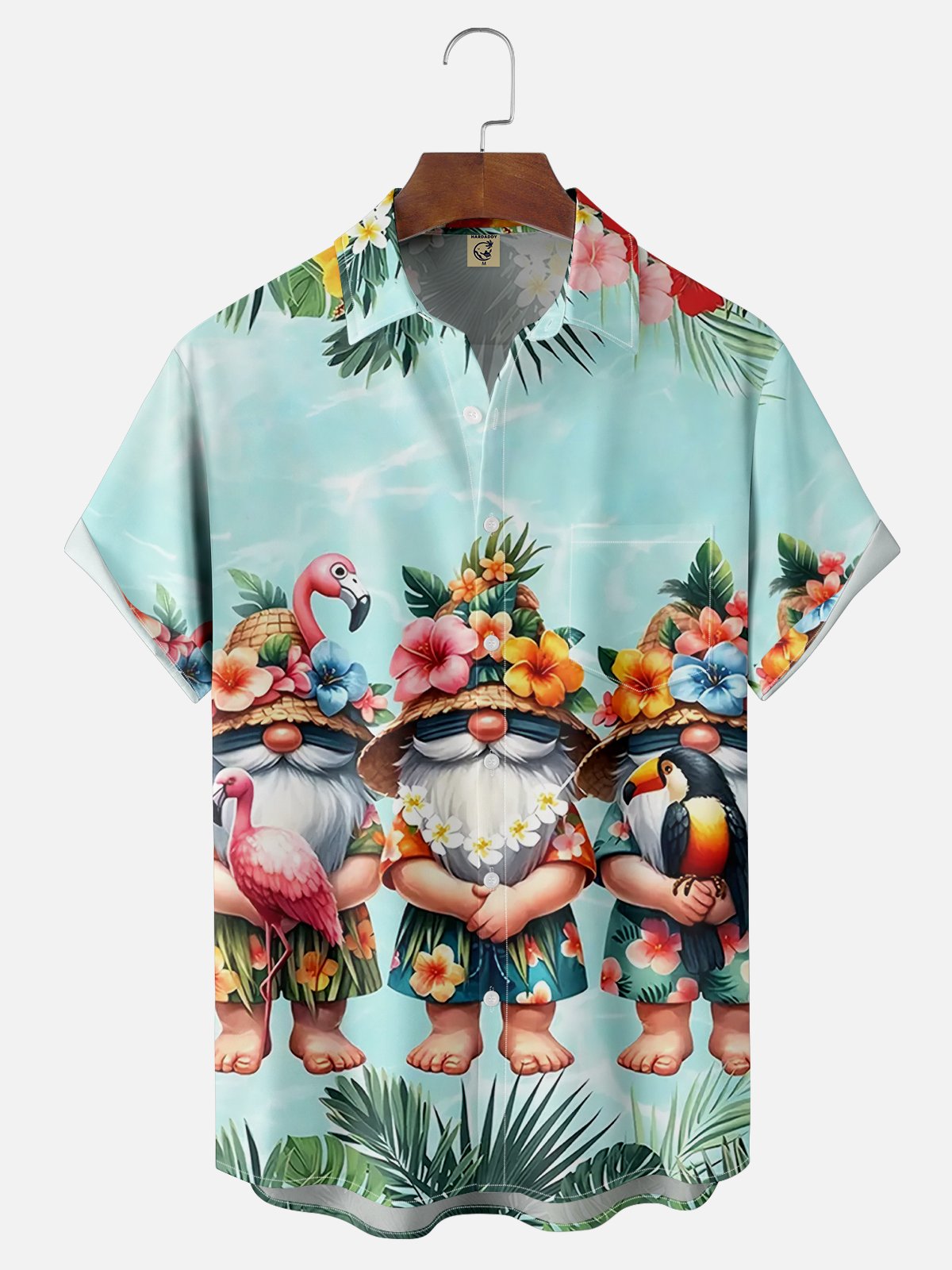 Moisture Wicking Tropical Floral Gnome Chest Pocket Casual Shirt