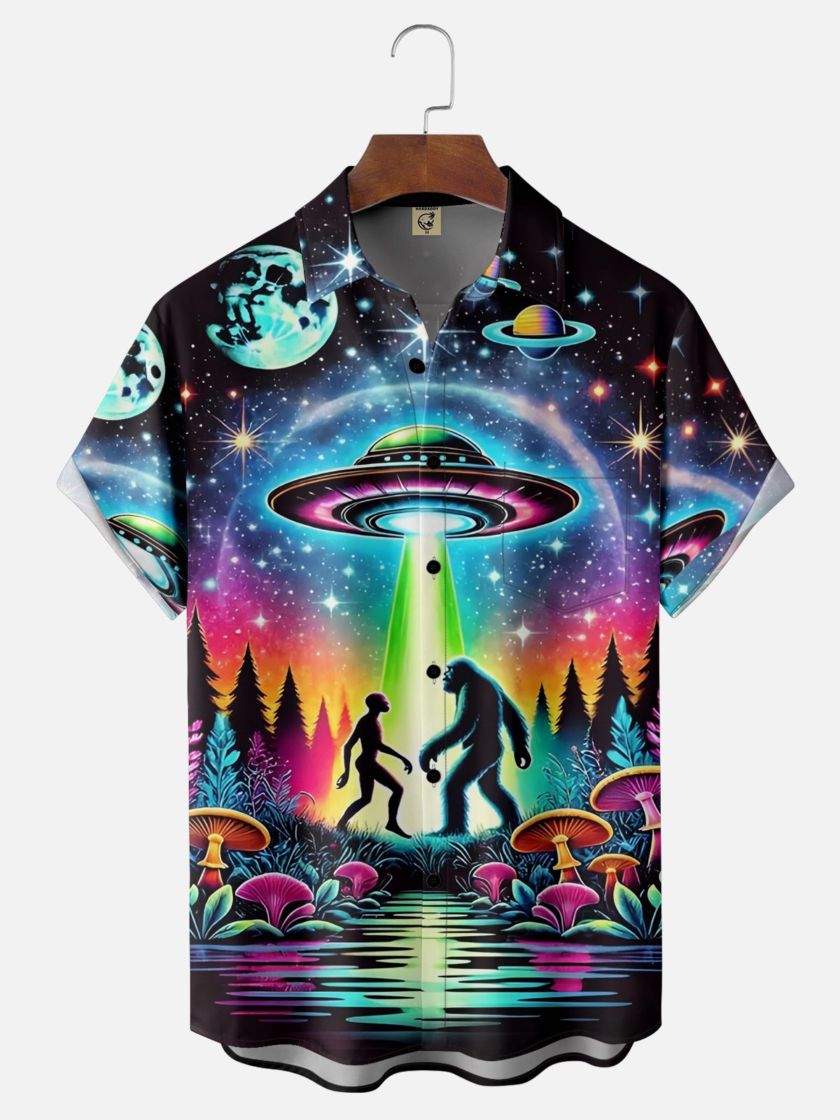 Moisture Wicking Spaceship UFO Alien Bigfoot Chest Pocket Casual Shirt