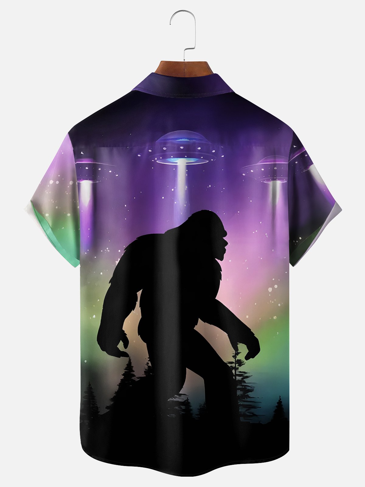 Moisture Wicking Alien UFO Spaceship Bigfoot Chest Pocket Hawaiian Shirt