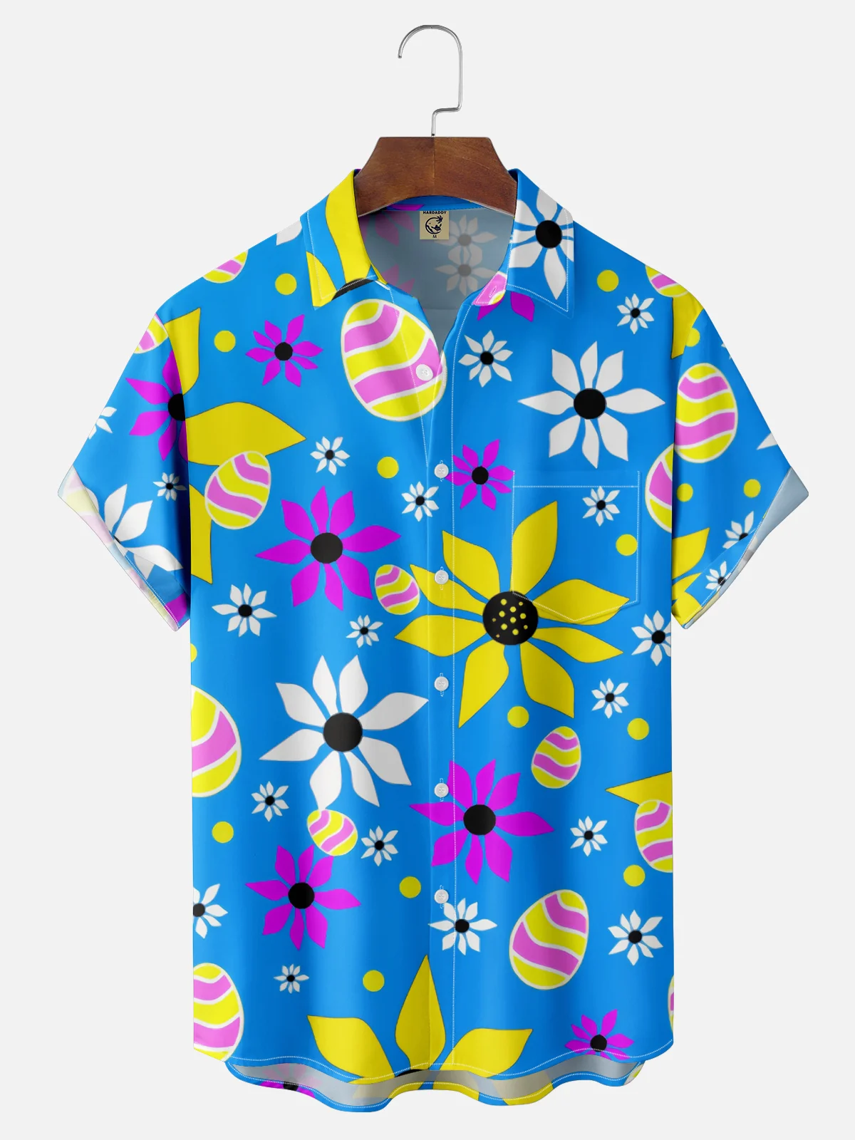 Moisture Wicking Easter Eggs Floral Chest Pocket Hawaiian Shirt