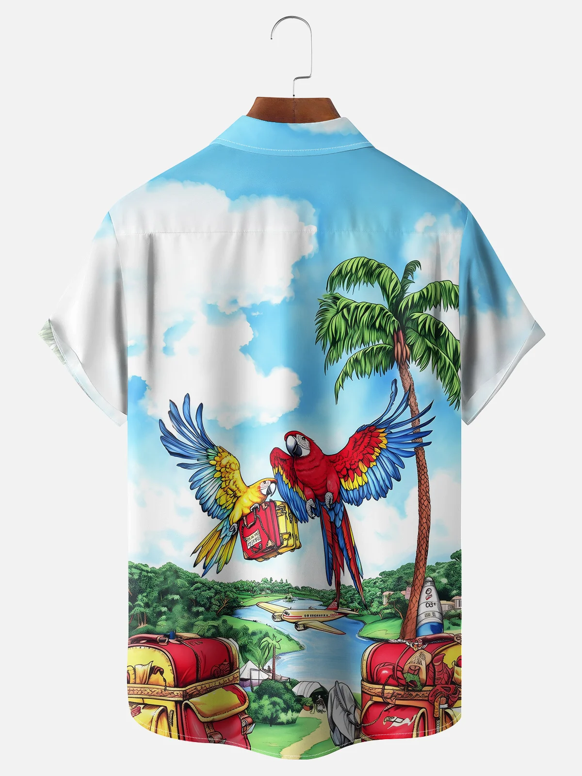 Moisture-wicking Palm Tree Parrots Retired Love Freedom Chest Pocket Hawaiian Shirt