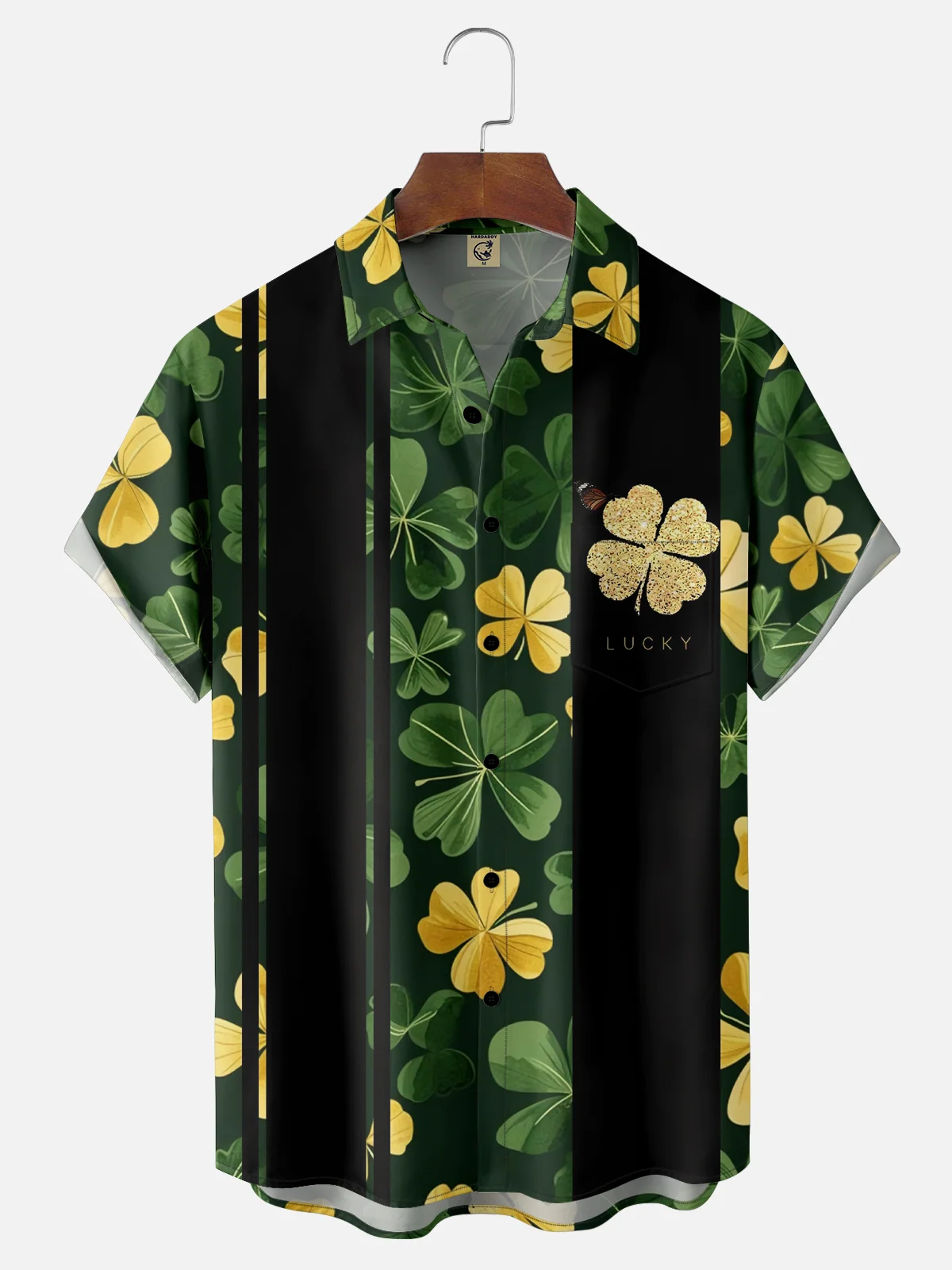 Moisture-wicking Lucky Gold Clover Chest Pocket Bowling Shirt