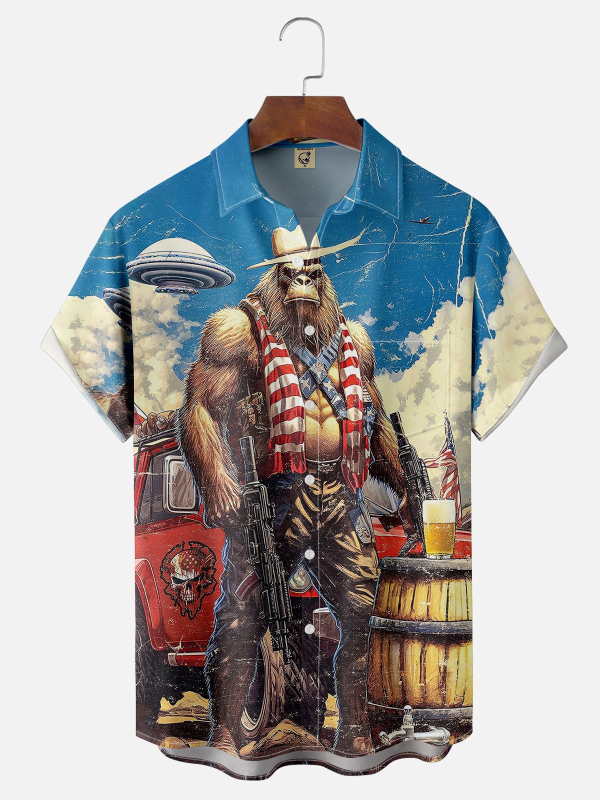 Moisture-wicking Cowboy Bigfoot vs. UFO Chest Pocket Hawaiian Shirt