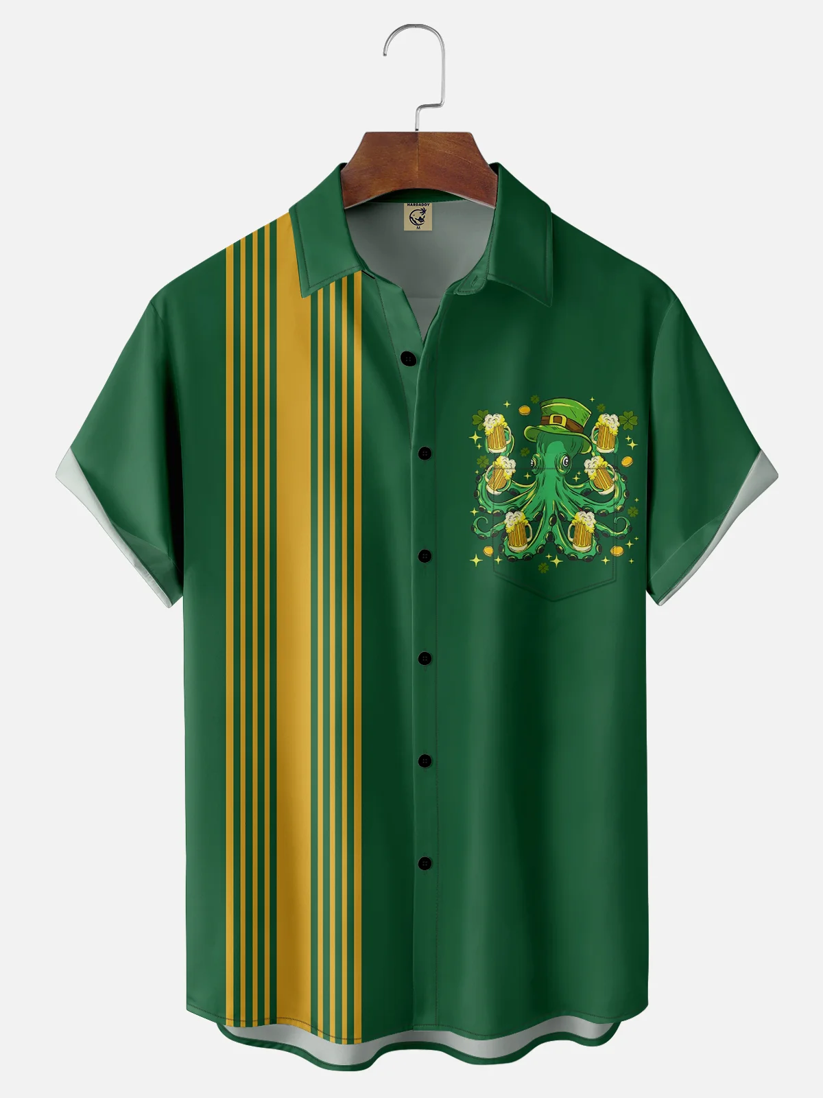 Moisture-wicking St. Patrick's Day Octopus Beer Shamrock Chest Pocket Bowling Shirt