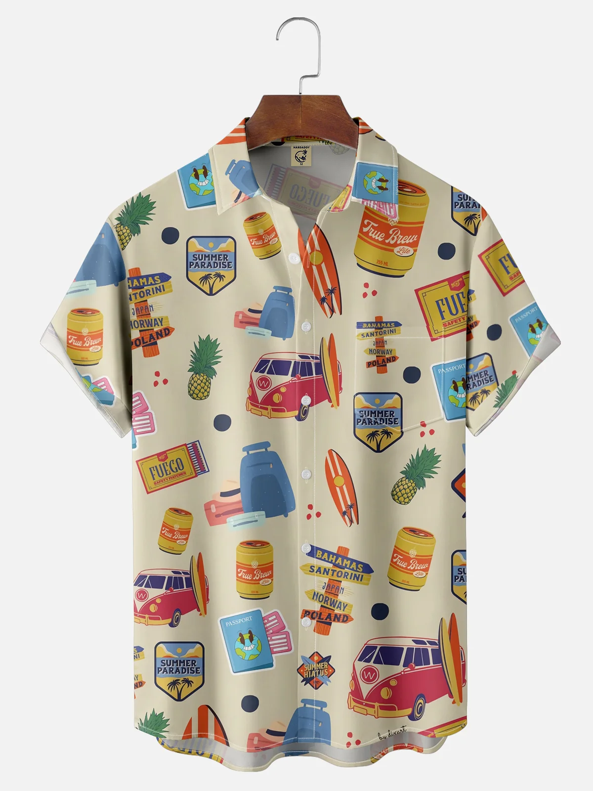 Moisture-wicking Vintage Car Surfing 90s Retro Chest Pocket Hawaiian Shirt