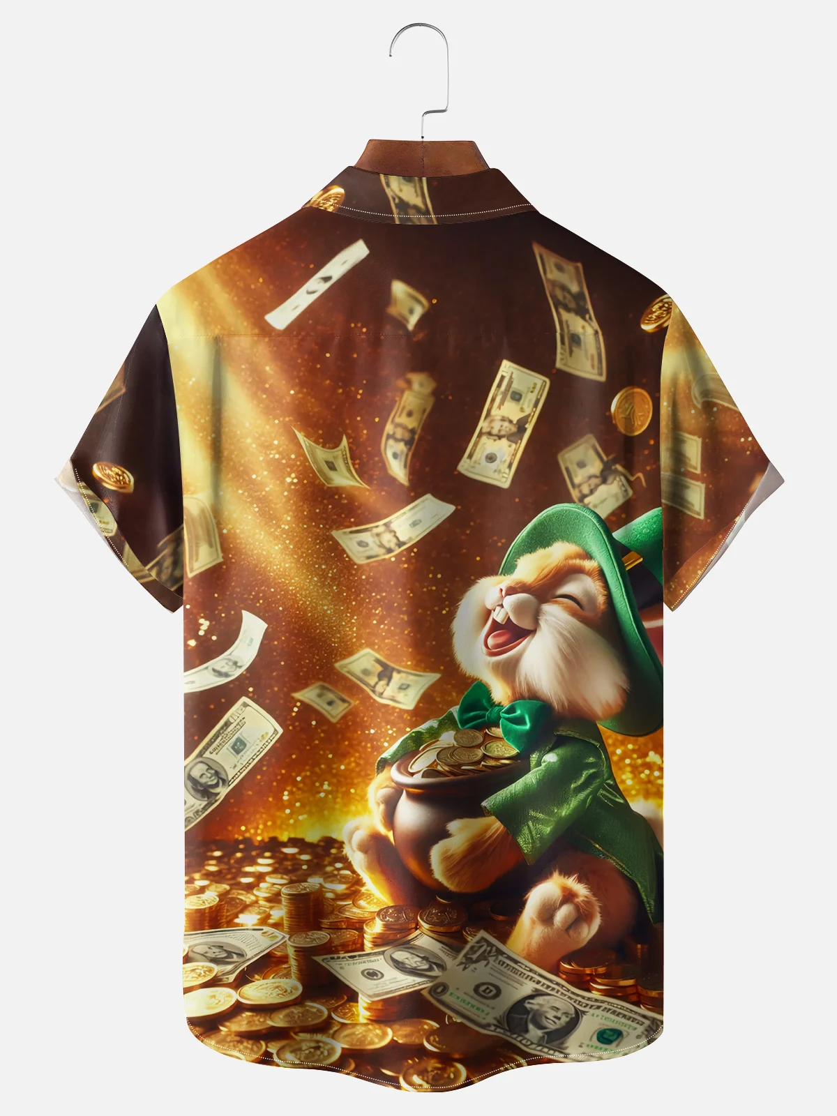 Moisture-wicking St Patrick‘s Day Shamrock Gold Coins US Dollars Easter Bunny Chest Pocket Casual Shirt