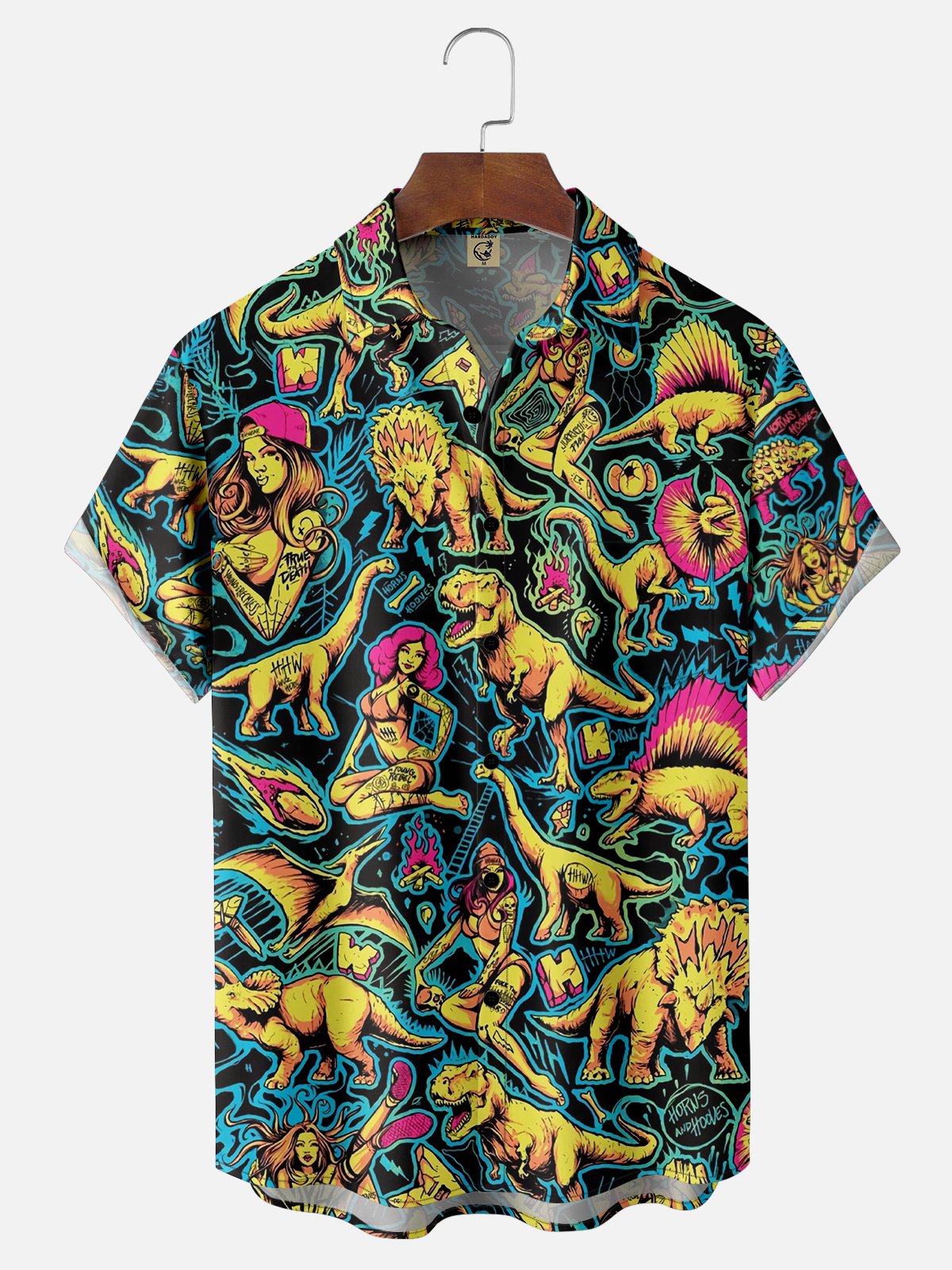 Moisture-wicking Dinosaur Retro Chest Pocket Hawaiian Shirt