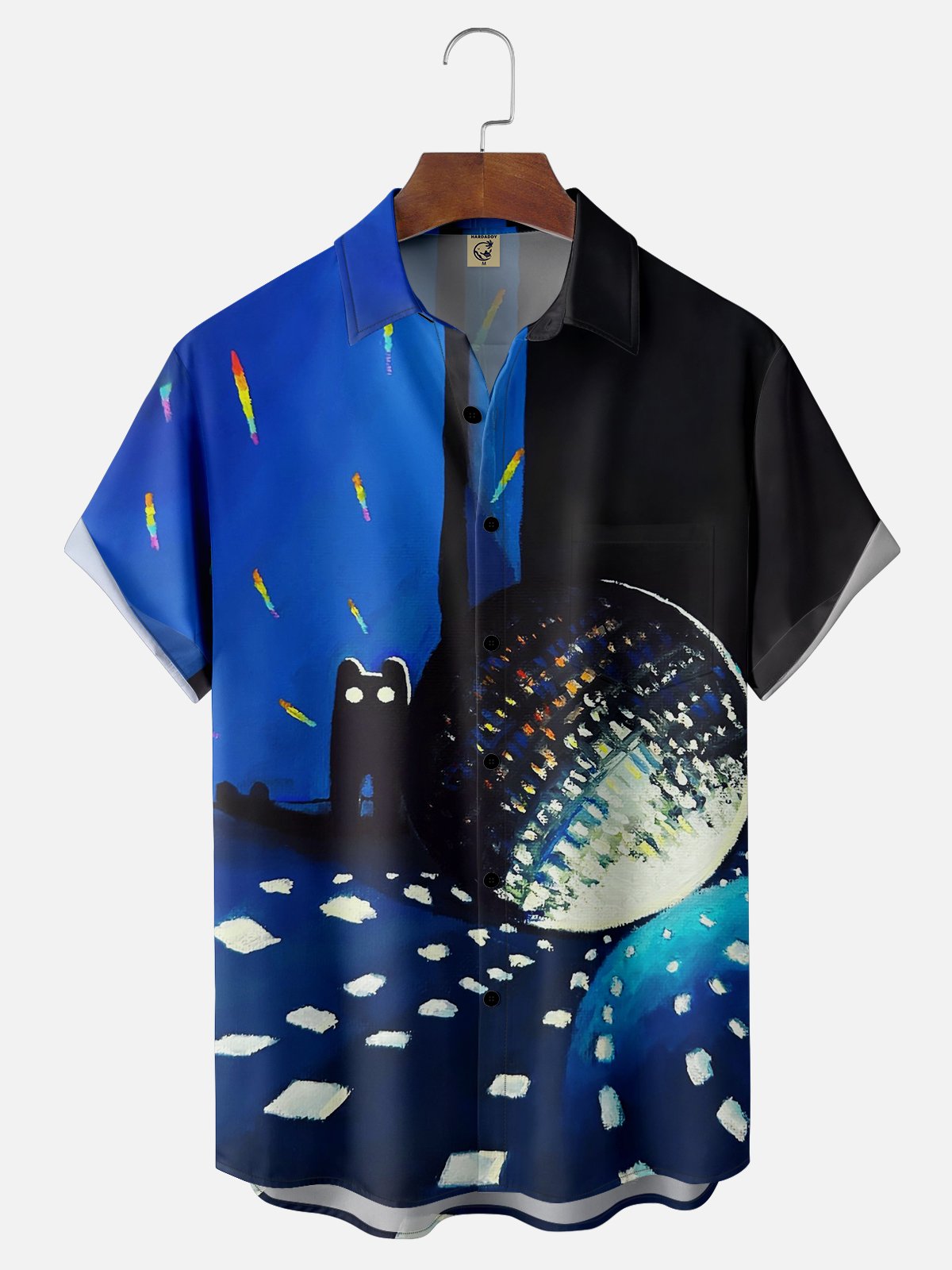 Moisture Wicking Art Disco Cat Chest Pocket Casual Shirt