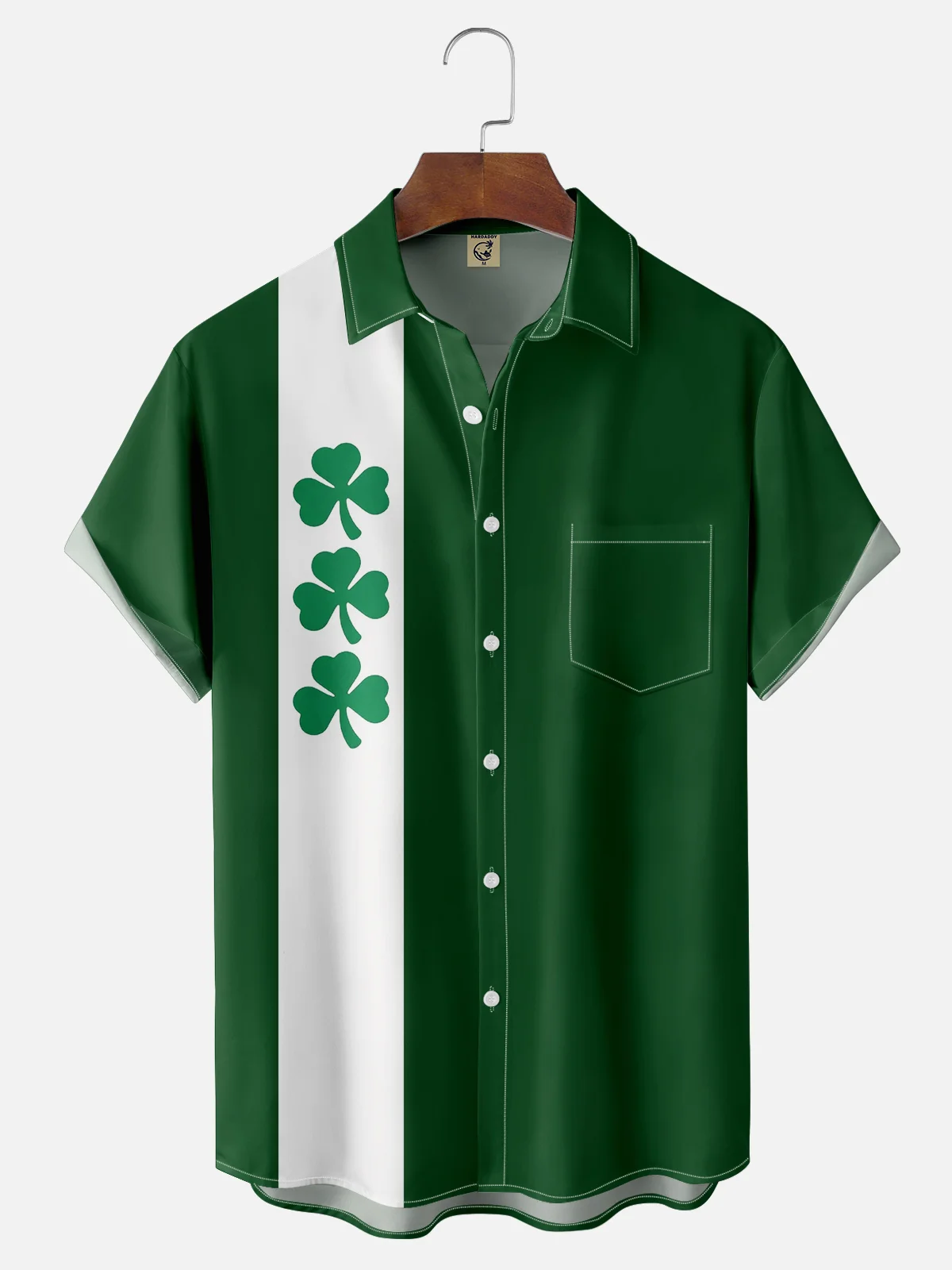 Moisture-wicking Breathable St Patrick‘s Day Shamrock Chest Pocket Bowling Shirt