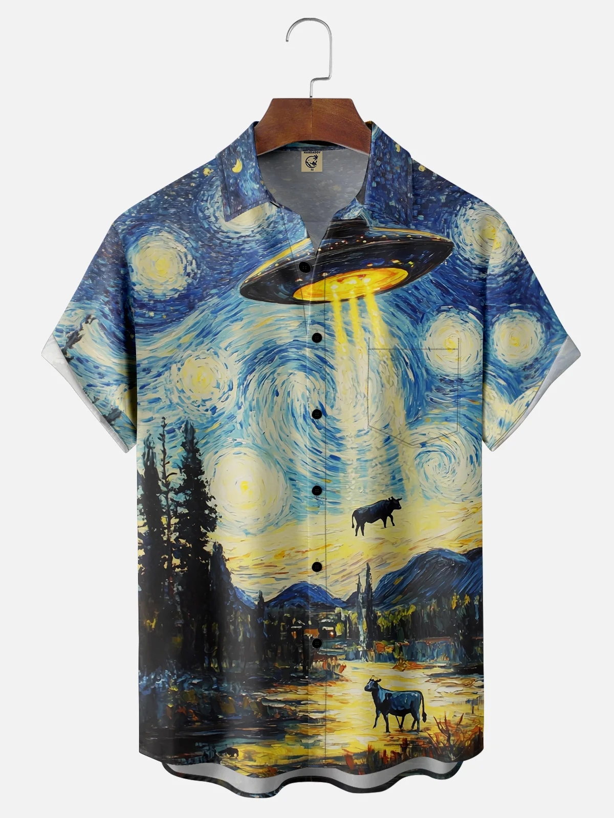 Moisture-wicking UFO Oil Painting Starry Sky Cow Chest Pocket Casual Shirt