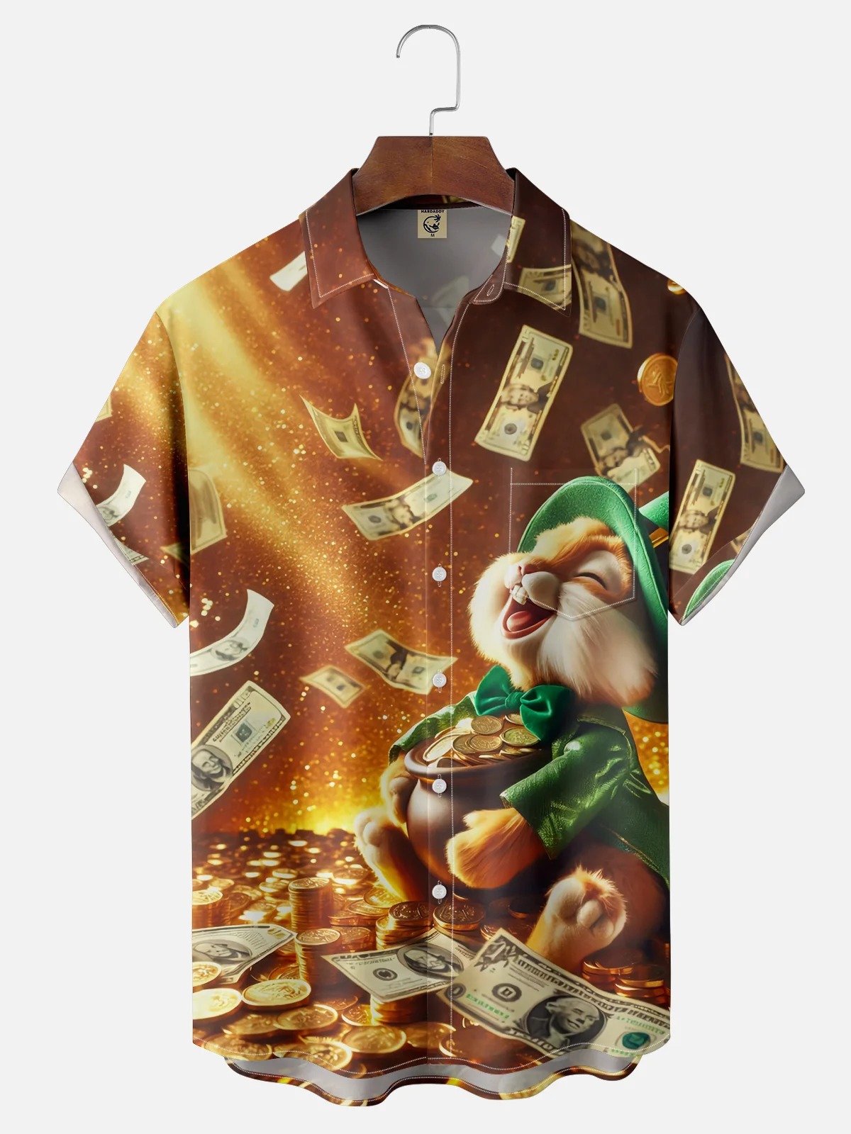 Moisture-wicking St Patrick‘s Day Shamrock Gold Coins US Dollars Easter Bunny Chest Pocket Casual Shirt