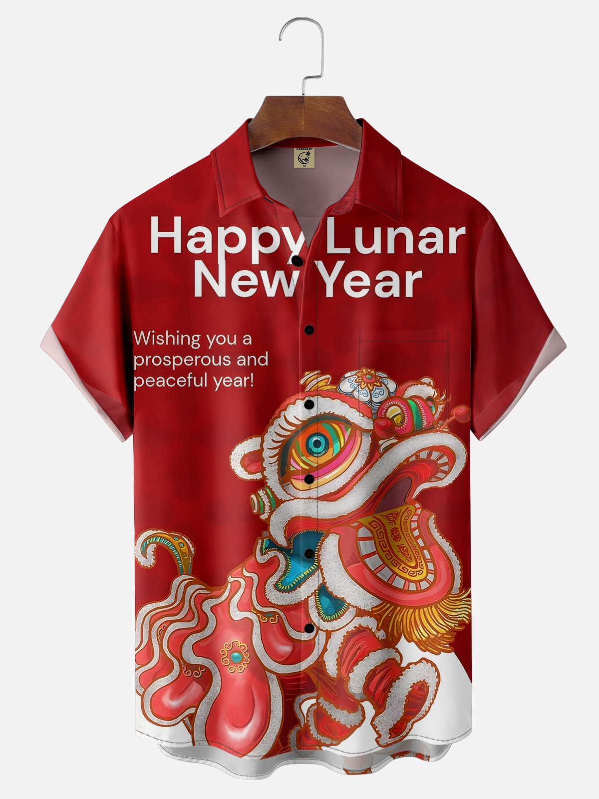 Moisture-wicking Happy Chinese New Year Lion Dance Red Chest Pocket Casual Shirt