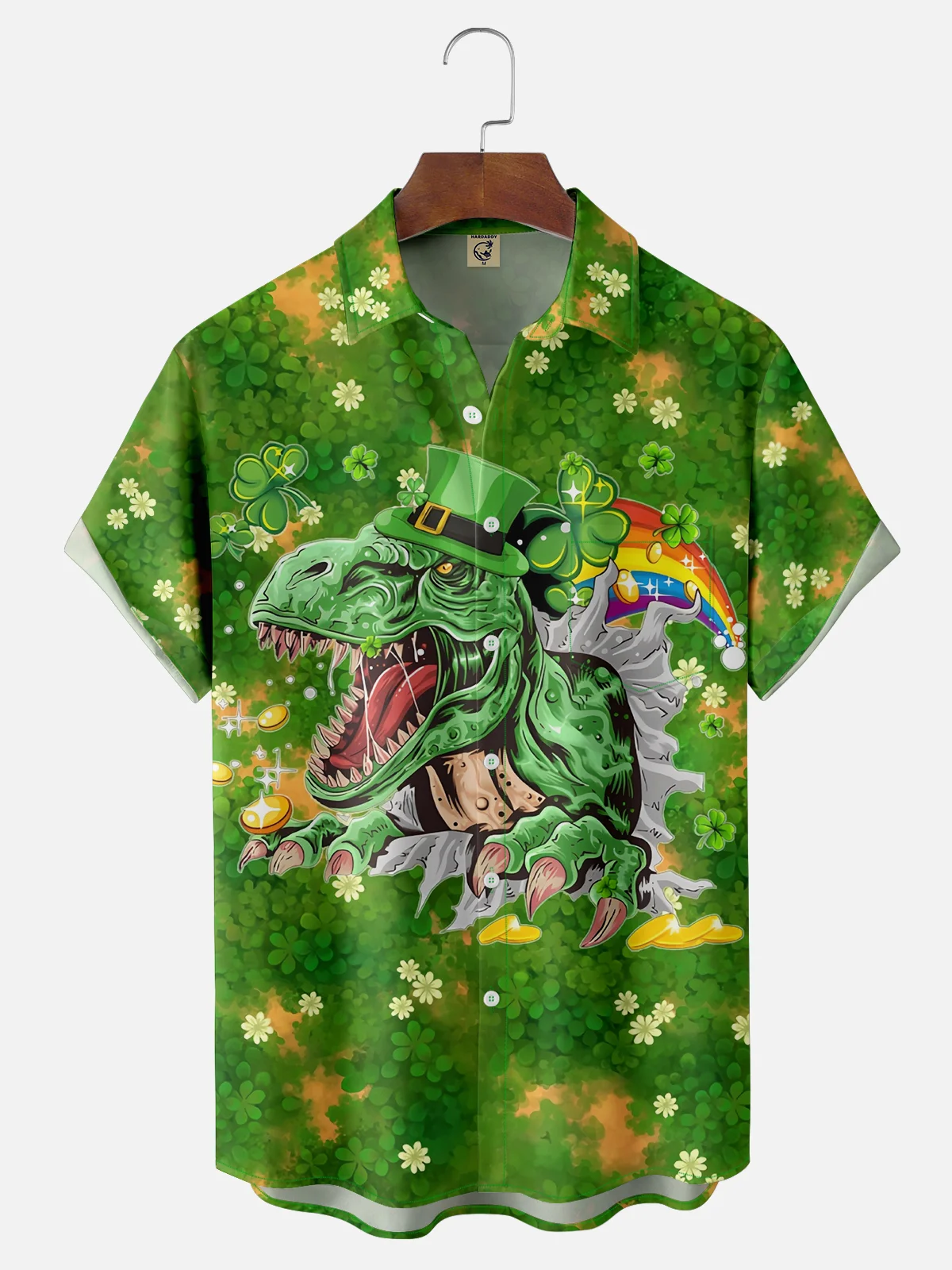 Moisture-wicking St. Patrick's Day Dinosaur Shamrock Chest Pocket Casual Shirt